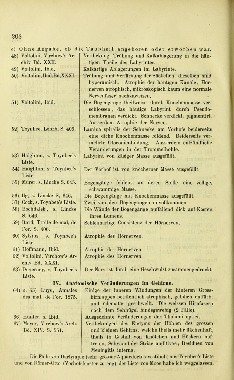 c) Ohne Angabe, ob die Taubheit angeboren oder erworben war. 48) VoltoHni, Virchow's Ar- chiv Bd. XXII. 49) VoitoUni, Ibid. 50) Voltohni,Ibid.Bd.XXXI. 51) VoltoHni, Ibid. 52) Toynbee, Lehrb. S. 409. 53) Haightoii, s. Toynbee's Liste. 54) Haighton, s. Toynbee's Liste. 55) Mürer, s. Lincke S. 645. 56) Ilg, s. Lincke S. 646. 57) Gock, s. Toynbee's Liste. 58) Bochdalek, s. Lincke S. 646. 59) Itard, Traite de mal. de l'or. S. 406. 60) Sylvins, s. Toynbee's Liste. 61) Hoffmann, Ibid. 62) Voltolini, Virchow's Ar- chiv Bd. XXXI. 63) Duverney; s. Toynbee's Verdickung, Trübung und Kalkablagerung in die häu- tigen Theile des Labyrintes. Kalkartige Ablagerungen im Labyrinte. Trübung und Verfärbung der Säckchen, dieselben sind hyperämisch. Atrophie der häutigen Kanäle, Hör- nerven atrophisch, mikroskopisch kaum eine normale Nervenfaser nachzuweisen. Die Bogengänge theilweise durch Knoehenmasse ver- schlossen, das häutige Labyrint durch Pseudo- membranen verdickt. Schnecke verdickt, pigmentirt. Ausserdem Atrophie der Nerven. Lamina spiralis der Schnecke am Vorhofe beiderseits eine dicke Knochenmasse bildend. Beiderseits ver- mehrte Otoconienbildung. Ausserdem entzündliche Veränderungen in der Trommelhöhle. Labyrint von käsiger Masse ausgefüllt. Der Vorhof ist von knöcherner Masse ausgefüllt. Bogengänge fehlen, an deren Stelle eine zelHge, schwammige Masse. Die Bogengänge mit Knochenmasse ausgefüllt. Zwei von den Bogengängen unvollkommen. Die Wände der Bogengänge auffallend dick auf Kosten ihres Lumens. Schleimartige Consistenz der Hörnerven. Atrophie des Hörnerven. Atrophie des Hörnerven. Atrophie des Hörnerven. Der Nerv ist durch eine Geschwulst zusammengedrückt. Liste. IT. Anatomische VeraDderungen im Gehirne. Einige der inneren Windungen der hinteren Gross- hirnlappen beträchtlich atrophisch, gelblich entfärbt und ödematös geschwellt. Die weissen Hirnfasern nach dem Sehhügel bindegewebig (2 Fälle). Ausgedehnte Veränderungen der Thalami optici. Verdickungen des Endyms der Höhlen des grossen und kleinen Gehirns, welche theils mehr flächenhaft, theils in Gestalt von Knötchen und Höckern auf- treten, Schwund der Striae auditivae; Residuen von Meningitis interna. Die Fälle von Darlymple (sehr grosser Aquaeductus vestibuh) aus Toynbee's Liste und von Römer-Otto (Vorhofsfenster zu eng) der Liste von Moos habe ich weggelassen. 64) u. 65) Luys, Annales des mal. de l'or. 1875. 66) Hunter, s. Ibid. 67) Meyer, Virchow's Arch. Bd. XIV. S. 551.