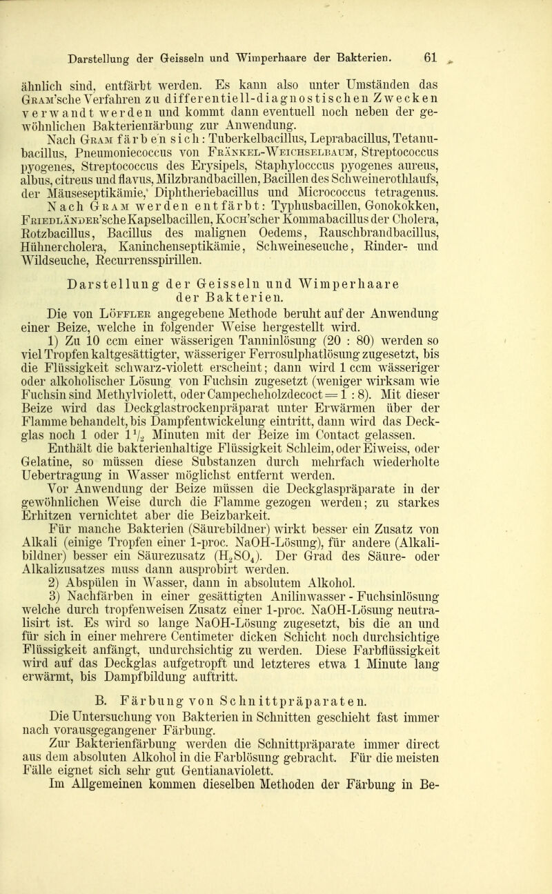 ähnlicli sind, entfärbt werden. Es kann also unter Umständen das GnAM'sclieVerfahren zu differentiell-diagnostischen Zwecken verwandt werden und kommt dann eventuell noch neben der ge- wöhnlichen Bakterieniärbung zur Anwendung. Nach Gram färb en sich: Tuberkelbacillus, Leprabacillus,Tetanu- bacillus, Pneumoniecoccus von Fränkel-Weichselbaum, Streptococcus pyogenes, Streptococcus des Erysipels, Staphylocccus pyogenes aureus, albus, citreus undflavus, Milzbrandbacillen, Bacillen des Schweinerothlaufs, der Mäuseseptikämie,' Diphtheriebacillus und Micrococcus tetragenus. Nach Gram werden entfärbt: Typhusbacillen, Gonokokken, FRiEDLÄNDER'scheKapselbacillen, Kocn'scher Kommabacillus der Cholera, Eotzbacillus, Bacillus des malignen Oedems, Eauschbrandbacillus, Hühnercholera, Kaninchenseptikämie, Schweineseuche, Einder- und Wildseuche, Eecurrensspirillen. Darstellung der Geissein und Wimperhaare der Bakterien. Die von Löefler angegebene Methode beruht auf der Anwendung einer Beize, welche in folgender Weise hergestellt wird. 1) Zu 10 ccm einer wässerigen Tanninlösung (20 : 80) werden so viel Tropfen kaltgesättigter, wässeriger Ferrosulphatlösung zugesetzt, bis die Flüssigkeit schwarz-violett erscheint; dann wird 1 ccm wässeriger oder alkoholischer Lösung von Fuchsin zugesetzt (weniger wirksam wie Fuchsin sind Methylviolett, oder Campecheholzdecoct =1 : 8). Mit dieser Beize wird das Deckglastrockenpräparat unter Erwärmen über der Flamme behandelt, bis Dampfentwickelung eintritt, dann wird das Deck- glas noch 1 oder 1^2 Minuten mit der Beize im Contact gelassen. Enthält die bakterienhaltige Flüssigkeit Schleim, oder Eiweiss, oder Gelatine, so müssen diese Substanzen durch mehrfach wiederholte Uebertragung in Wasser möglichst entfernt werden. Vor Anwendung der Beize müssen die Deckglaspräparate in der gewöhnlichen Weise durch die Flamme gezogen werden; zu starkes Erhitzen vernichtet aber die Beizbarkeit. Für manche Bakterien (Säurebildner) wirkt besser ein Zusatz von Alkali (einige Tropfen einer 1-proc. NaOH-Lösung), für andere (Alkali- bildner) besser ein Säurezusatz (H2SO4). Der Grad des Säure- oder Alkalizusatzes muss dann ausprobirt werden. 2) Abspülen in Wasser, dann in absolutem Alkohol. 3) Nachfärben in einer gesättigten Anilinwasser - Fuchsinlösung welche durch tropfenweisen Zusatz einer 1-proc. NaOH-Lösung neutra- lisirt ist. Es wird so lange NaOH-Lösung zugesetzt, bis die an und für sich in einer mehrere Centimeter dicken Schicht noch durchsichtige Flüssigkeit anfängt, undurchsichtig zu werden. Diese Farbflüssigkeit wird auf das Deckglas aufgetropft und letzteres etwa 1 Minute lang erwärmt, bis Dampfbildung auftritt. B. Färbung von Schnittpräparaten. Die Untersuchung von Bakterien in Schnitten geschieht fast immer nach vorausgegangener Färbung. Zur Bakterienfärbung werden die Schnittpräparate immer direct aus dem absoluten Alkohol in die Farblösung gebracht. Für die meisten Fälle eignet sich sehr gut Gentianaviolett. Im Allgemeinen kommen dieselben Methoden der Färbung in Be-