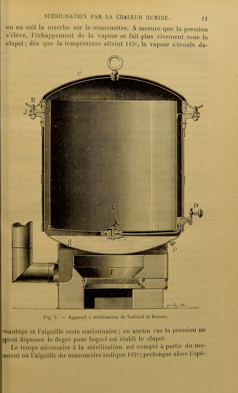 on en suit la marche sur le manomètre. A mesure que la pression selève, l’échappement de la vapeur se fait plus vivement sous le clapet; dès que la température atteint 115e, la vapeur s’écoule da- l’ig. G. — Appareil à stérilisation de Vaillard et Besson. avantage et l’aiguille reste stationnaire ; en aucun cas la pression ne peut dépasser le degré pour lequel est établi le clapet. Le temps nécessaire à la stérilisation est compté a partir du mo- ment où l’aiguille du manomètre indique I 15°; prolonger alors 1 opé-