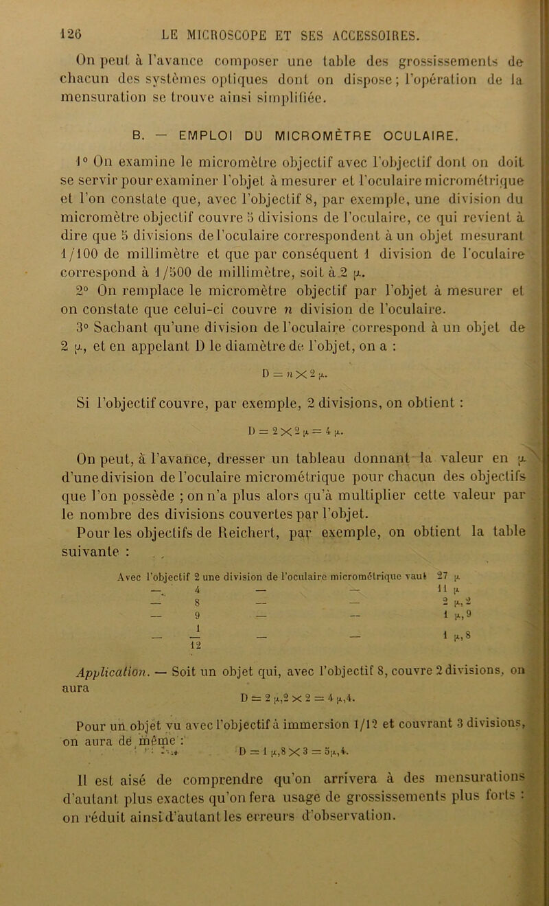 Un peut à l’avance composer une table des grossissements de chacun des systèmes optiques dont on dispose ; l’opération de la mensuration se trouve ainsi simplifiée. B. - EMPLOI DU MICROMÈTRE OCULAIRE. 1° On examine le micromètre objectif avec l’objectif dont on doit se servir pour examiner l’objet à mesurer et l’oculaire micrométrique et l’on constate que, avec l’objectif 8, par exemple, une division du micromètre objectif couvre 6 divisions de l’oculaire, ce qui revient à dire que 5 divisions de l’oculaire correspondent à un objet mesurant 1/100 de millimètre et que par conséquent 1 division de l’oculaire correspond à 1 /500 de millimètre, soit à 2 p. 2° On remplace le micromètre objectif par l’objet à mesurer et on constate que celui-ci couvre n division de l’oculaire. 3° Sachant qu’une division de l’oculaire correspond à un objet de 2 u., et en appelant D le diamètre de l’objet, on a : d = n x 2 |a. Si l’objectif couvre, par exemple, 2 divisions, on obtient : D = 2X2tA=4[i. On peut, à l’avance, dresser un tableau donnant la valeur en ' d’unedivision de l’oculaire micrométrique pour chacun des objectifs que l’on possède ; on n’a plus alors qu’à multiplier cette valeur par le nombre des divisions couvertes par l’objet. Pour les objectifs de Reichert, par exemple, on obtient la table suivante : Avec l’objectif 2 une division de l'oculaire micrométrique vaut 27 ^ — 4 — — 11 — 8 — — — 9 — — 1 hl, 9 1 2 M 12 1 n,8 Application. — Soit un objet qui, avec l’objectif 8, couvre 2 divisions, on aura D = 2 |A,2 X 2 = 4 [A,4. Pour un objet vu avec l’objectif à immersion 1/12 et couvrant 3 divisions, on aura dé même ■ - •!. D = 1 |x,8 X 3 = ojjl,4. Il est aisé de comprendre qu’on arrivera à des mensurations d’autant plus exactes qu’on fera usage de grossissements plus forts : on réduit ainsi d’autan t les erreurs d observation.