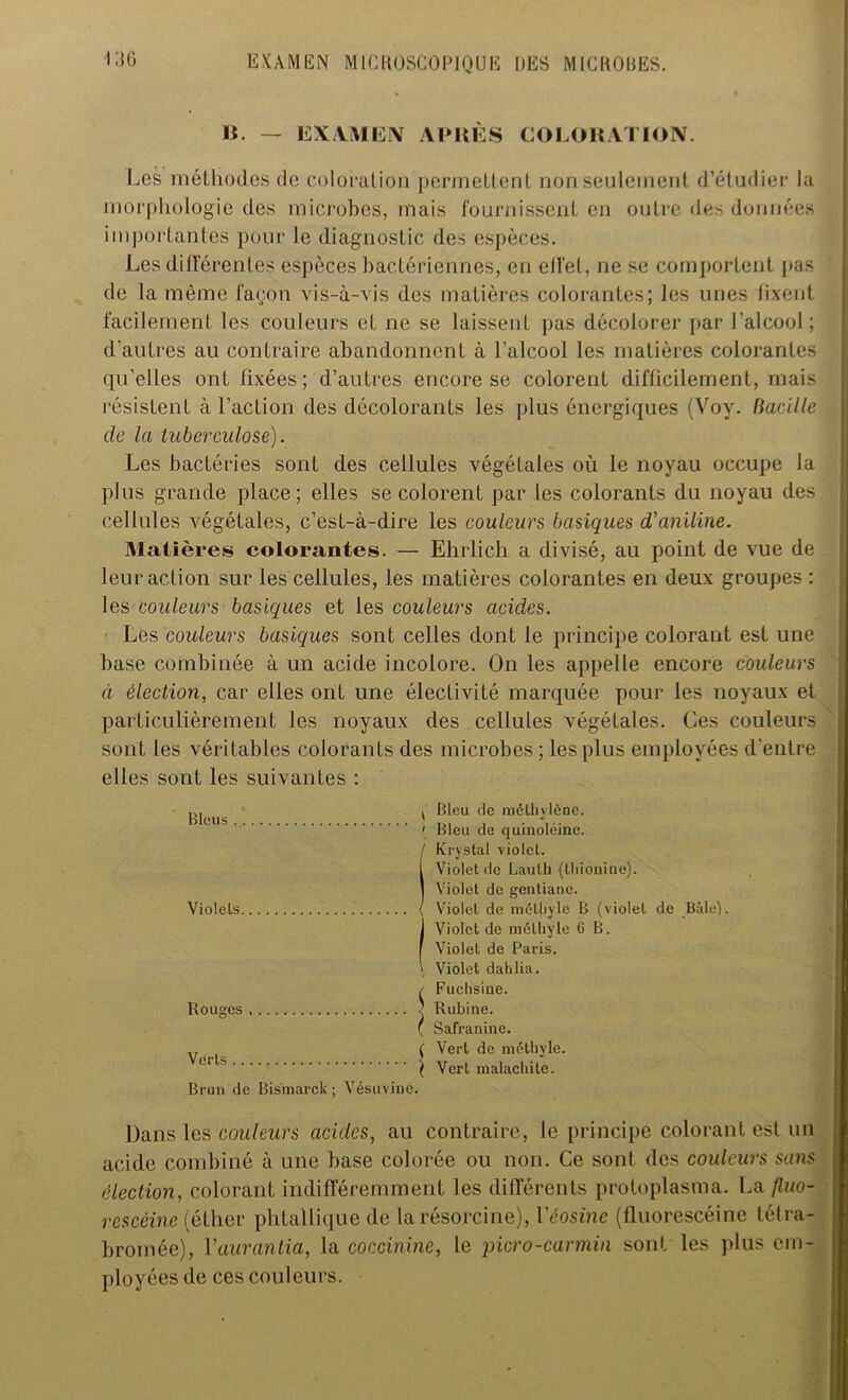 B. — EXAMEN APRÈS COLORATION. Les méthodes de coloration permettent non seulement d’étudier la morphologie des microbes, mais fournissent en outre des données importantes pour le diagnostic des espèces. Les différentes espèces bactériennes, en effet, ne se comportent pas de la même façon vis-à-vis des matières colorantes; les unes fixent facilement les couleurs et ne se laissent pas décolorer par l’alcool; d’autres au contraire abandonnent à l’alcool les matières colorantes qu’elles ont fixées; d’autres encore se colorent difficilement, mais résistent à l’action des décolorants les plus énergiques (Voy. Bacille de la tuberculose). Les bactéries sont des cellules végétales où le noyau occupe la plus grande place; elles se colorent par les colorants du noyau des cellules végétales, c’est-à-dire les couleurs basiques d'aniline. Matières colorantes. — Ehrlich a divisé, au point de vue de leur action sur les cellules, les matières colorantes en deux groupes : les couleurs basiques et les couleurs acides. Les couleurs basiques sont celles dont le principe colorant est une base combinée à un acide incolore. On les appelle encore couleurs à élection, car elles ont une électivité marquée pour les noyaux et particulièrement les noyaux des cellules végétales. Ces couleurs sont les véritables colorants des microbes ; les plus employées d'entre elles sont les suivantes : Bleus , Bleu de méthylène. > Bleu de quinoléinc. ! Krystal violet. , Violet de Laulh (thiouiue). Violet de gentiane. Violels ! , Violet de méthyle B (violet de Bâle) j Violet de méthyle G B. Violet de Paris, i, Violet dahlia. Fuchsine. Rouges ( Safranine. Vorls ( Vert de méthyle. ( Vert malachite. Brun de Bismarck ; Vésuvine. Dans les couleurs acides, au contraire, le principe colorant est un acide combiné à une base colorée ou non. Ce sont des couleurs sans élection, colorant indifféremment les différents protoplasma. La fluo- rescéine (éther phtallique de la résorcine), Véosine (fluorescéine tétra- bromée), Vaurantia, la coccinine, le picro-carmin sont les plus em- ployées de ces couleurs.