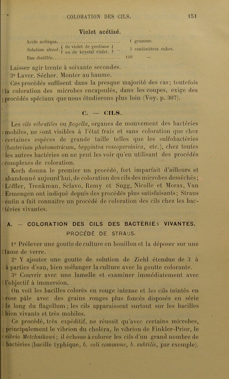 Violet acétisé. Acide acétique t gramme. _ , . , , ( de violet do gentiane ) „ .. , Solution alcool.] , . .7 ... \ .. S centimètres cubes. ( ou de kryscal violet. ; Eau distillée 100 — Laisser agir (rente à soixante secondes. 3° Laver. Sécher. Monter au baume. Ces procédés suffisent dans la presque majorité des cas; toutefois la coloration des microbes encapsulés, dans les coupes, exige des procédés spéciaux que nous étudierons plus loin (Voy. p. 307). C. — CILS. Les cils vibratiles ou flagella, organes de mouvement des bactéries mobiles, ne sont visibles à l’état frais et sans coloration que chez certaines espèces de grande taille telles que les sulfobactéries [bacterium photomelricum, beggiatoa roseopersinica, etc.), chez toutes les autres bactéries on ne peut les voir qu’en utilisant des procédés complexes de coloration. Koch donna le premier un procédé, fort imparfait d’ailleurs et abandonné aujourd'hui, de coloration des cils des microbes desséchés ; Lüffler, Trenkman, Sclavo, Remy et Sugg, Nicolle et Morax, Van Ermengen ont indiqué depuis des procédés plus satisfaisants; Straus enfin a fait connaître un procédé de coloration des cils chez les bac- téries vivantes. A. - COLORATION DES CILS DES BACTÉRIES VIVANTES. PROCÉDÉ DE STRAUS. 1° Prélever une goutte de culture en bouillon et la déposer sur une lame de verre. 2° Y ajouter une goutte de solution de Ziehl étendue de 3 à 4 parties d’eau, bien mélanger la culture avec la goutte colorante. 3° Couvrir avec une lamelle et examiner immédiatement avec l’objectif à immersion. On voit les bacilles colorés en rouge intense et les cils teintés en rose pâle avec des grains rouges plus foncés disposés en série le long du flagellum ; les cils apparaissent surtout sur les bacilles bien vivants et très mobiles. Ce procédé, très expéditif, ne réussit qu’avec certains microbes, principalement le vibrion du choléra, le vibrion de Einkler-Prior, le vibrio Melchnikowi ; il échoue à colorer les cils d’un grand nombre de bactéries (bacille typhique, b. coli commune, b. subtilis, par exemple).