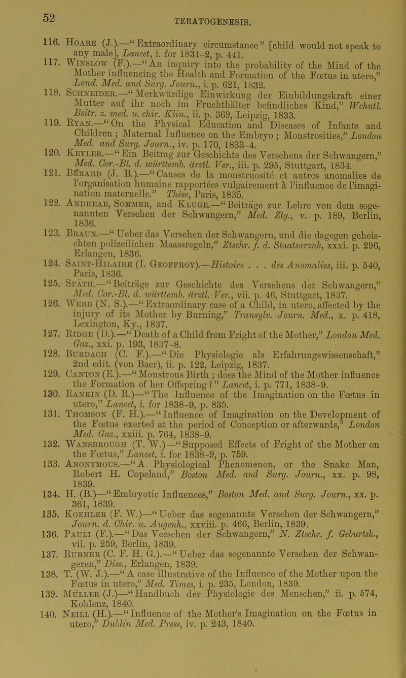 TERATOGENESIS. 116. Hoare (J.).—“Extraordinary circumstance” [child would not speak to any male], Lancet, i. for 1831-2, p. 441. 117. Winslow (F.).—“An inquiry into the probability of the Mind of the Mother influencing the Health and Formation of the Foetus in utero,” Land. Med. and Surg. Journ., i. p. 621, 1832. 118. Schneider.—“ Merkwiirdige Einwirkung der Einbildungskraft einer Mutter auf ihr nocli im Fruchthalter befindliches Kind,” IVchntl. Beitr. z. med. u. cliir. Klin., ii. p. 369, Leipzig, 1833. 119. Ryan. “On the Physical Education and Diseases of Infants and Children ; Maternal influence on the Embryo ; Monstrosities, London Med. and Surg. Journ., iv. p. 170, 1833-4. 120. Keyler.—“ Ein Beitrag zur Geschichte des Versehens der Schwangern,” Med. Cor.-Bl. d. wurttcmb. drztl. Ver., iii. p. 295, Stuttgart, 1834. 121. BErard (J. B.).—“Causes de la monstruosite et autres anomalies de 1’organisation humaine rapportees vulgairement il ^influence de l’imagi- nation maternelle.” These, Paris, 1835. 122. Andreae, Sommer, and Kluge.—“Beitrage zur Lelire von dem soge- nannten Versehen der Schwangern,” Med. Ztg., v. p. 189, Berlin, 1836. 123. Braun.—“ Ueber das Yersehen der Schwangern, und die dagegen geheis- chten polizeilichen Maassregeln,” Ztsclir. f. d. Staatsarznlc, xxxi. p. 296, Erlangen, 1836. 124. Saint-Hilaire (I. Geoffroy).—Histoire . . . des Anomalies, iii. p. 540, Paris, 1836. 125. Si’ATH.—“ Beitrage zur Geschichte des Yerseliens der Schwangern,” Med. Cor.-Bl. d. vmrttemb. drztl. Ver., vii. p. 46, Stuttgart, 1837. 126. Webb (N. S.).—“ Extraordinary case of a Child, in utero, affected by the injury of its Mother by Burning,” Transylv. Journ. Med., x. p. 418, Lexington, Ky., 1837. 127. Ridge (1).).—“Death of a Child from Frightof the Mother,” London Med. Gaz., xxi. p. 193, 1837-8. 128. Burdach (C. F.).—“ Die Physiologie als Erfahrungswissenschaft,” 2nd edit, (von Baer), ii. p. 122, Leipzig, 1837. 129. Canton (E.).—“ Monstrous Birth ; does the Mind of the Mother influence the Formation of her Offspring?” Lancet, i. p. 771, 1838-9. 130. Rankin (D. R.)—“The Influence of the Imagination on the Foetus in utero,” Lancet, i. for 1838-9, p. 835. 131. Thomson (F. II.).—“Influence of Imagination on the Development of the Foetus exerted at the period of Conception or afterwards,” London Med. Gaz., xxiii. p. 764, 1838-9. 132. Wansbrough (T. W.)—“Supposed Effects of Fright of the Mother on the Foetus,” Lancet, i. for 1838-9, p. 759. 133. Anonymous.—“A Physiological Phenomenon, or the Snake Man, Robert Ii. Copeland,” Boston Med. and Surg. Journ., xx. p. 98, 1839. 134. H. (B.)—“Embryotic Influences,” Boston Med. and Surg. Journ., xx. p. 361, 1839. 135. Koehler (F. W.)—“Ueber das sogenannte Versehen der Schwangern,” Journ. d. Ghir. is. Augenli., xxviii. p. 466, Berlin, 1839. 136. Pauli (F.).—“Das Versehen der Schwangern,” N. Ztschr. f. Geburtsk., vii. p. 259, Berlin, 1839. 137. Rubner (C. F. H. G.).—“Ueber das sogenannte Versehen der Scliwan- geren,” Diss., Erlangen, 1839. 138. T. (W. J.).—“A case illustrative of the Influence of the Mother upon the Foetus in utero,” Med. Times, i. p. 235, London, 1839. 139. Muller (J.)—“ Handbuch der Physiologie des Mensclien,” ii. p. 574, Koblenz, 1840. 140. Neill (H.).—“Influence of the Mother’s Imagination on the Foetus in utero,” Dublin Med. Press, iv. p. 243, 1840.