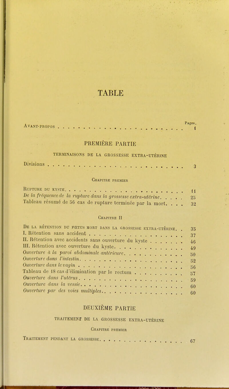 TABLE 1 Pages, Avant-PROPOS £ PREMIÈRE PARTIE TERMINAISONS DE LA GROSSESSE EXTRA-UTÉRINE Divisions ^ ^ 2 Chapitre premier Rupture du kyste a Be la fréquence de la rupture dans la grossesse extra-utérine 25 Tableau résumé de 36 cas de rupture terminée par la mort. ... 32 Chapitre II De la rétention du fœtus mort dans la grossesse extra-utérine. . 35 I. Rétention sans accident ^ II. Rétention avec accidents sans ouverture du kyste 46 m. Rétention avec ouverture du kyste 49 Ouverture à la paroi abdominale antérieure 50 Ouverture dans l'intestin ^ g2 Ouverture dans le vagin ^ * gg Tableau de 18 cas d'élimination par le rectum 57 Ouverture dans l'utérus gg Ouverture dans la vessie ^ qq Ouverture par des voies multiples gO DEUXIÈME PARTIE TRAITEMENI de la grossesse EXTRA-UTÉRINE Chapitre premier Traitement pendant la grossesse 67