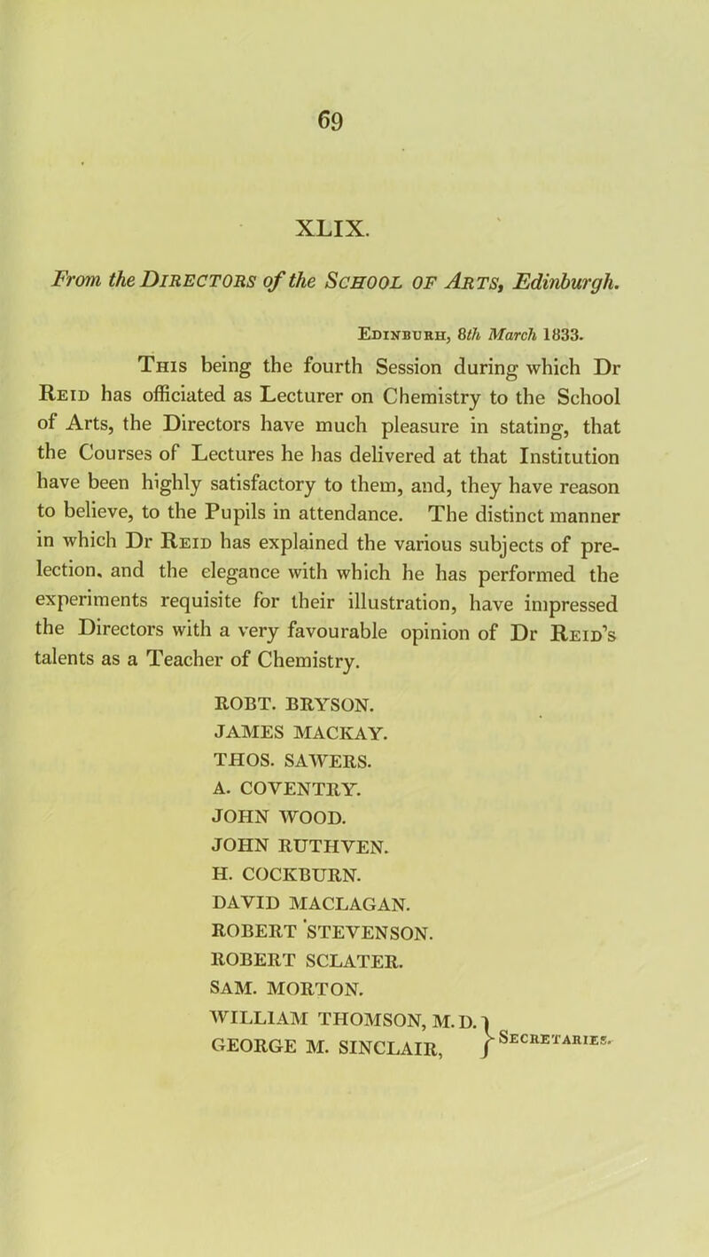XLIX. From the Directors of the School of Arts, Edinburgh. Edinburh, 8th March 1833. This being the fourth Session during which Dr Reid has officiated as Lecturer on Chemistry to the School of Arts, the Directors have much pleasure in stating, that the Courses of Lectures he has delivered at that Institution have been highly satisfactory to them, and, they have reason to believe, to the Pupils in attendance. The distinct manner in which Dr Reid has explained the various subjects of pre- lection, and the elegance with which he has performed the experiments requisite for their illustration, have impressed the Directors with a very favourable opinion of Dr Reid’s talents as a Teacher of Chemistry. ROBT. BRYSON. JAMES MACKAY. THOS. SAWERS. A. COVENTRY. JOHN WOOD. JOHN RUTHVEN. H. COCKBURN. DAVID MACLAGAN. ROBERT STEVENSON. ROBERT SCLATER. SAM. MORTON. WILLIAM THOMSON, M. D. 1 GEORGE M. SINCLAIR, j Secretaries.