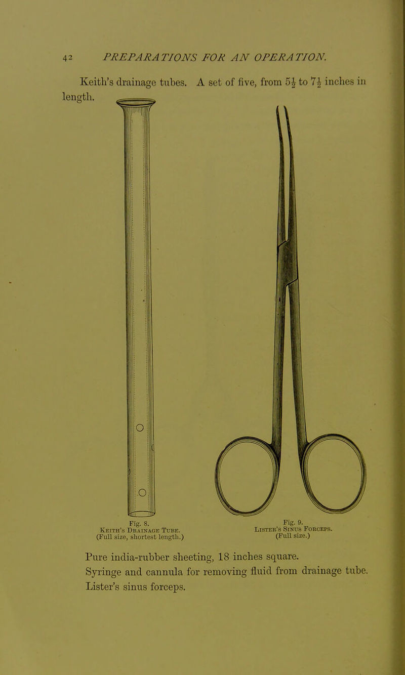 Keith's drainage tubes. A set of five, from 5\ to 7| inches in length. Fig. 8. Keith's Drainage Tube. (Full size, shortest length.) Fig. 9. Lister's Sinus Forceps. (Full size.) Pure india-rubber sheeting, 18 inches square. Syringe and cannula for removing fluid from drainage tube. Lister's sinus forceps.