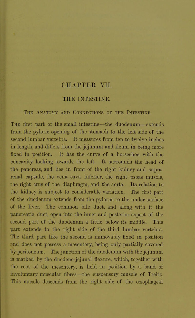 CHAPTER VII. THE INTESTINE. The Anatomy and Connections of the Intestine. The first part of the small intestine—the duodenum—extends from the pyloric opening of the stomach to the left side of the second lumbar vertebra. It measures from ten to twelve inches in length, and differs from the jejunum and ileum in being more fixed in position. It has the curve of a horseshoe with the concavity looking towards the left. It surrounds the head of the pancreas, and lies in front of the right kidney and supra- renal capsule, the vena cava inferior, the right psoas muscle, the right crus of the diaphragm, and the aorta. Its relation to the kidney is subject to considerable variation. The first part of the duodenum extends from the pylorus to the under surface of the liver. The common bile duct, and along with it the pancreatic duct, open into the inner and posterior aspect of the second part of the duodenum a little below its middle. This part extends to the right side of the third lumbar vertebra. The third part like the second is immovably fixed in position ?nd does not possess a mesentery, being only partially covered by peritoneum. The junction of the duodenum with the jejunum is marked by the duodeno-jejunal flexure, which, together with the root of the mesentery, is held in position by a band of involuntary muscular fibres—the suspensory muscle of Treitz. This muscle descends from the right side of the oesophageal