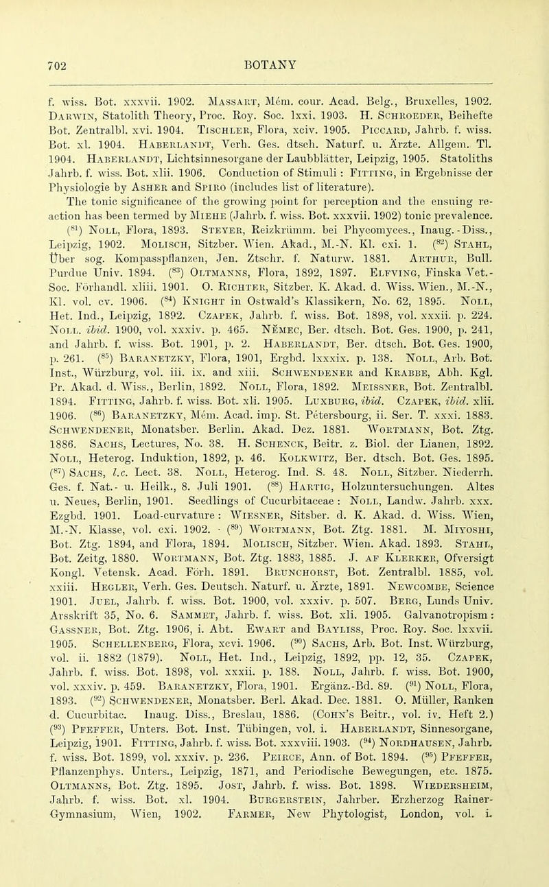 f. wiss. Bot. xxxvii. 1902. Massart, MSm. corn-. Acad. Belg., Bruxelles, 1902. Darwin, Statolith Theory, Proc. Roy. Soe. lxxi. 1903. H. Schroedeii, Beihefte Bot. Zentralbl. xvi. 1904. Tischleh, Flora, xciv. 1905. Piccard, Jalirb. f. wiss. Bot. xl. 1904. Haberlandt, Verb. Ges. dtscli. Naturf. u. Arzte. Allgem. Tl. 1904. Haberlandt, Lichtsinnesorgane der Laubblatter, Leipzig, 1905. Statoliths Jalirb. f. wiss. Bot. xlii. 1906. Conduction of Stimuli : Fitting, in Ergebnisse der Physiologie by Asher and Spiro (includes list of literature). The tonic significance of the growing point for perception and the ensuing re- action has been termed by Miehe (Jalirb. f. wiss. Bot. xxxvii. 1902) tonic prevalence. (81) Noll, Flora, 1893. Steyer, Reizkriimm. bei Phycomyces., Inaug.-Diss., Leipzig, 1902. Molisch, Sitzber. Wien. Akad., M.-N. Kl. cxi. 1. (82) Stahl, ijber sog. Kompasspflanzen, Jen. Ztschr. f. Naturw. 1881. Arthur, Bull. Purdue Univ. 1894. (83) Oltmanns, Flora, 1892, 1897. Eleving, Finska Yet.- Soc. Fdrhandl. xliii. 1901. O. Richter, Sitzber. K. Akad. d. Wiss. Wien., M.-N., Kl. vol. cv. 1906. (84) Knight in Ostwald’s Klassikern, No. 62, 1895. Noll, Het. Ind., Leipzig, 1892. Czapek, Jalirb. f. wiss. Bot. 1898, vol. xxxii. p. 224. Noll. ibid. 1900, vol. xxxiv. p. 465. Nemec, Ber. dtsch. Bot. Ges. 1900, p. 241, and .Jalirb. f. wiss. Bot. 1901, p. 2. Haberlandt, Ber. dtsch. Bot. Ges. 1900, p. 261. (85) Baranetzky, Flora, 1901, Ergbd. lxxxix. p. 138. Noll, Arb. Bot. Inst., Wurzburg, vol. iii. ix. and xiii. Schwendener and Krabbe, Abh. Kgl. Pr. Akad. d. Wiss., Berlin, 1892. Noll, Flora, 1892. Meissner, Bot. Zentralbl. 1894. Fitting, Jalirb. f. wiss. Bot. xli. 1905. Luxburg, ibid. Czapek, trad. xlii. 1906. (86) Baranetzky, Mem. Acad. imp. St. Petersbourg, ii. Ser. T. xxxi. 1883. Schwendener, Monatsber. Berlin. Akad. Dez. 1881. Wortmann, Bot. Ztg. 1886. Sachs, Lectures, No. 38. H. Schenck, Beitr. z. Biol, der Lianen, 1892. Noll, Heterog. Induktion, 1892, p. 46. Kolkwitz, Ber. dtsch. Bot. Ges. 1895. (87) Sachs, l.c. Lect. 38. Noll, Heterog. Ind. S. 48. Noll, Sitzber. Niederrli. Ges. f. Nat.- u. Heilk., 8. Juli 1901. (**) Haiitig, Holzuntersuchungen. Altes u. Neues. Berlin, 1901. Seedlings of Cucurbitaceae : Noll, Landw. Jalirb. xxx. Ezgbd. 1901. Load-curvature : Wiesner, Sitsber. d. K. Akad. d. Wiss. Wien, M.-N. Klasse, vol. cxi. 1902. - (89) Wortmann, Bot. Ztg. 1881. M. Miyoshi, Bot. Ztg. 1894, and Flora, 1894. Molisch, Sitzber. Wien. Akad. 1893. Stahl, Bot. Zeitg, 1880. Wortmann, Bot. Ztg. 1883, 1885. J. af Klerker, Ofversigt Kongl. Vetensk. Acad. Fork. 1891. Brunchorst, Bot. Zentralbl. 1885, vol. xxiii. Hegler, Verb. Ges. Deutscli. Naturf. u. Arzte, 1891. Newcombe, Science 1901. Juel, Jalirb. f. wiss. Bot. 1900, vol. xxxiv. p. 507. Berg, Lunds Univ. Arsskrift 35, No. 6. Sammet, Jalirb. f. wiss. Bot. xli. 1905. Galvanotropism : Gassner, Bot. Ztg. 1906, i. Abt. Ewart and Bay'liss, Proc. Roy. Soc. Ixxvii. 1905. Schellenberg, Flora, xcvi. 1906. (90) Sachs, Arb. Bot. Inst. Wurzburg, vol. ii. 1882 (1879). Noll, Het. Ind., Leipzig, 1892, pp. 12, 35. Czapek, Jalirb. f. wiss. Bot. 1898, vol. xxxii. p. 188. Noll, Jalirb. f. wiss. Bot. 1900, vol. xxxiv. p. 459. Baranetzky, Flora, 1901. Erganz.-Bd. 89. (91) Noll, Flora, 1893. () Schwendener, Monatsber. Berl. Akad. Dec. 1881. O. Muller, Ranken d. Cucurbitac. Inaug. Diss., Breslau, 1886. (Cohn’s Beitr., vol. iv. Heft 2.) (93) Pfeffer, Unters. Bot. Inst. Tubingen, vol. i. Haberlandt, Sinnesorgane, Leipzig, 1901. Fitting, Jalirb. f. wiss. Bot. xxxviii. 1903. (94) Nordhausen, Jalirb. f. wiss. Bot. 1899, vol. xxxiv. p. 236. Peirce, Ann. of Bot. 1894. (95) Pfeffer, Pflanzenphys. Unters., Leipzig, 1871, and Periodische Bewegungen, etc. 1875. Oltmanns, Bot. Ztg. 1895. Jost, Jahrb. f. wiss. Bot. 1898. Wiedersheim, Jalirb. f. wiss. Bot. xl. 1904. Burgerstein, Jahrber. Erzherzog Rainer- Gymnasium, Wien, 1902. Farmer, New Phytologist, London, vol. i.