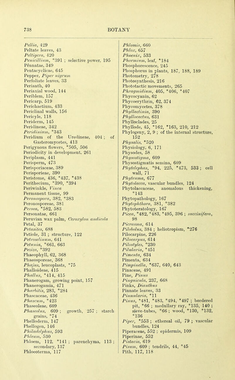 Pellia, 429 Peltate leaves, 43 Peltigera, 420 Penicillium, *391 ; selective power, 195 Pennatae, 349 Pentacyclicae, 645 Pepper, Piper nigrum Perfoliate leaves, 33 Perianth, 40 Periaxial wood, 144 Periblem, 157 Pericarp, 519 Perichaetium, 433 Periclinal walls, 156 Pericyle, 118 Periderm, 145 Peridiueae, 342 Peridinium, *343 Peridium of the Uredineae, 404 ; of Gasteromycetes, 413 Perigynous flowers, *505, 506 Periodicity in development, 261 Periplasm, 441 Perisperm, 473 Perisporiaceae, 389 Perisporieae, 390 Peristome, 436, *437, *438 Perithecium, *390, *394 Periwinkle, Vinca Permanent tissue, 99 Peronospora, 382, *383 Peronosporeae, 381 Persea, *582, 583 Personatae, 661 Peruvian wax palm, Ceroxylon andicola Petal, 37 Petasites, 688 Petiole, 31 ; structure, 122 Petroselinum, 641 Petunia, *661, 663 Peziza, *392 Phaeopliyll, 62, 368 Phaeosporeae, 368 Phajus, leucoplasts, *75 Phalloideae, 415 Phallus, *414, 415 Phanerogam, growing point, 157 Phanerogamia, 471 Pharbitis, 283, *284 Phascaceae, 436 Phascum, *423 Phaseoleae, 609 Pliaseolus, 609 ; growth, 257 ; starch grains, *74 Phelloderm, 147 Phellogen, 146 Philadelphus, 593 Phleum, 530 Phloem, 112, *141; parenchyma, 113; secondary, 137 Phloeoterma, 117 Phlomis, 660 Phlox, 657 Phoenix, 533 Pliormium, leaf, *184 Phosphorescence, 245 Phosphorus in plants, 187, 188, 189 Photometry, 278 Photosynthesis, 216 Phototactic movements, 265 Phragmidium, 405, *406, *407 Phycocyanin, 62 Phycoerythrin, 62, 374 Phycomyeetes, 378 Pliyllactinia, 390 Phyllocactus, 631 Phylloclades, 25 Phyllode, 45, *162, *163, 210, 212 Phylogeny, 2, 9 ; of the internal structure, 152 Physalis, *520 Physiology, 6, 171 Physodes, 58 Physostigma, 609 Pliysostigmatis semina, 609 Phytelephas, *94, 225, *473, 533 ; cell wall, 71 Phyteuma, 677 Phytolacca, vascular bundles, 124 Phvtolaccaceae, anomalous thickening, *143 Phytopathology, 167 Phytophtlwra, 381, *382 Phytoteratology, 167 Picea, *482, *483, *495, 396 ; succinifera, 98 Picrasma, 614 Pilobolus, 384 ; lieliotropism, *276 Pilocarpine, 226 Pilocarpus, 614 Pilostyles, *230 Pilularia, *451 Pimenta, 634 Pimenta, 634 Pimpinetta, *637, 640, 643 Pinaceae, 491 Pine, Pinus Pinguicula, 237, 668 Pinks, Dianthus Pinnate leaves, 33 Pinnularia, *11 Pinus, *481, *483, *494, *497 ; bordered pit, *66 ; medullary ray, *135, 140 ; sieve-tubes, *66 ; wood, *130, *132, *136 Piper, *553 ; ethereal oil, 79 ; vascular bundles, 124 Piperaceae, 552 ; epidermis, 109 Piperinae, 552 Pistacia, 619 Pisum, 609 ; tendrils, 44, *45 Pith, 117, 118