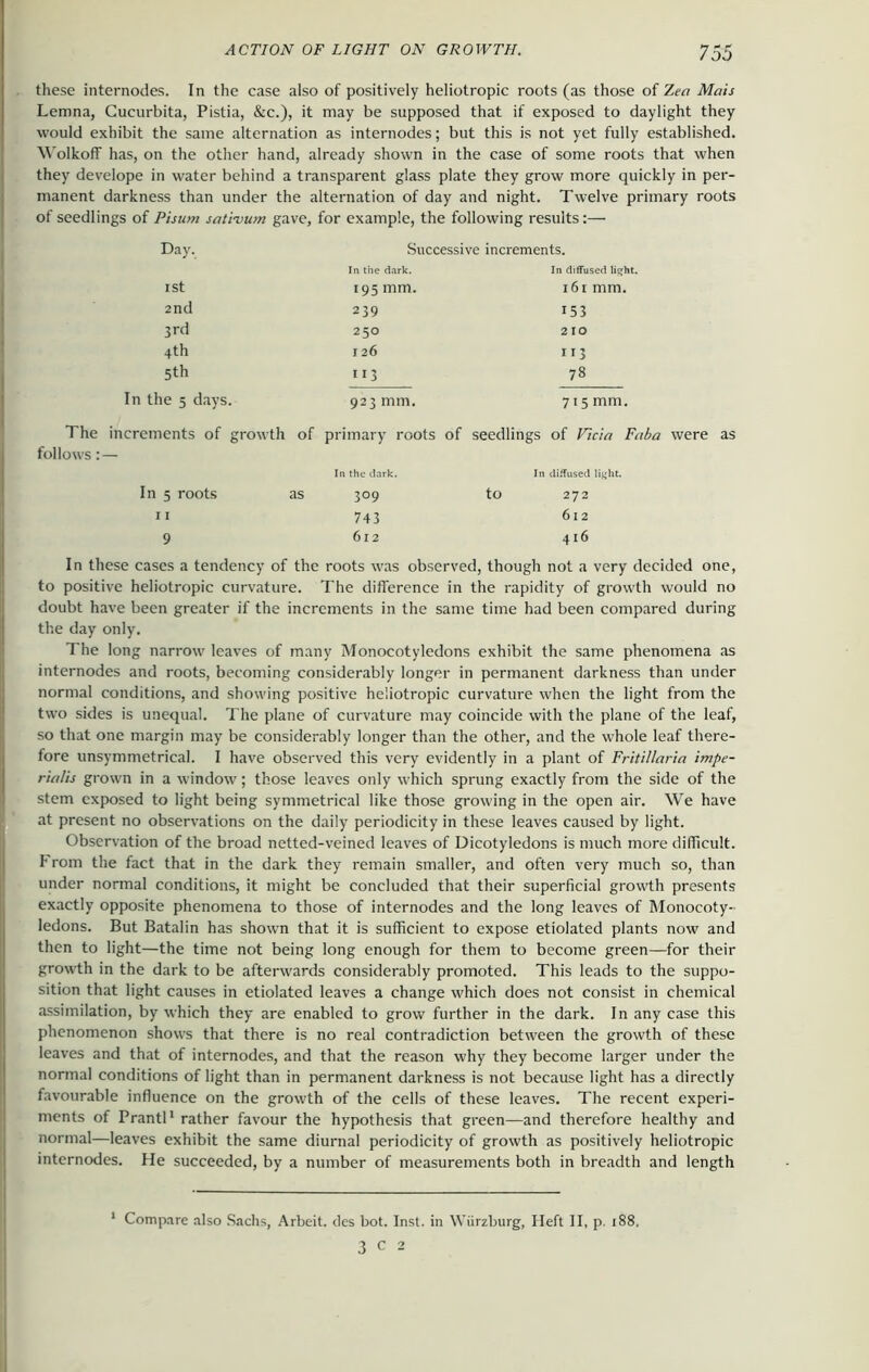 these internodes. In the case also of positively heliotropic roots (as those of Zea Metis Lemna, Cucurbita, Pistia, &c.), it may be supposed that if exposed to daylight they would exhibit the same alternation as internodes; but this is not yet fully established. WolkofF has, on the other hand, already shown in the case of some roots that when they develope in water behind a transparent glass plate they grow more quickly in per- manent darkness than under the alternation of day and night. Twelve primary roots of seedlings of Pisum sativum gave, for example, the following results Day. Successive increments. In the dark. In diffused light. I St 195 mm. 161 mm. 2nd 239 153 3rd 250 2 10 4th 126 113 5th 113 78 In the 5 days. 923 mm. 715 mm. The increments of growth of primary roots of seedlings of Vicia Faba were as follows: — In the dark. In diffused light. In 5 roots as 309 to 272 I I 743 612 9 612 416 In these cases a tendency of the roots was observed, though not a very decided one, to positive heliotropic curvature. The difference in the rapidity of growth would no doubt have been greater if the increments in the same time had been compared during the day only. The long narrow leaves of many Monocotyledons exhibit the same phenomena as internodes and roots, becoming considerably longer in permanent darkness than under normal conditions, and showing positive heliotropic curvature when the light from the two sides is unequal. The plane of curvature may coincide with the plane of the leaf, so that one margin may be considerably longer than the other, and the whole leaf there- fore unsymmetrical. I have observed this very evidently in a plant of Fritillaria impe- rialis grown in a window; those leaves only which sprung exactly from the side of the stem exposed to light being symmetrical like those growing in the open air. We have at present no observations on the daily periodicity in these leaves caused by light. Observation of the broad netted-veined leaves of Dicotyledons is much more difficult, k rom the fact that in the dark they remain smaller, and often very much so, than under normal conditions, it might be concluded that their superficial growth presents exactly opposite phenomena to those of internodes and the long leaves of Monocoty- ledons. But Batalin has shown that it is sufficient to expose etiolated plants now and then to light—the time not being long enough for them to become green—for their growth in the dark to be afterwards considerably promoted. This leads to the suppo- sition that light causes in etiolated leaves a change which does not consist in chemical assimilation, by which they are enabled to grow further in the dark. In any case this phenomenon shows that there is no real contradiction between the growth of these leaves and that of internodes, and that the reason why they become larger under the normal conditions of light than in permanent darkness is not because light has a directly favourable influence on the growth of the cells of these leaves. The recent experi- ments of Prantl1 rather favour the hypothesis that green—and therefore healthy and normal—leaves exhibit the same diurnal periodicity of growth as positively heliotropic internodes. He succeeded, by a number of measurements both in breadth and length 1 Compare also Sachs, Arbeit, des bot. Inst, in Wiirzburg, Heft II, p. x88. 3 C 2