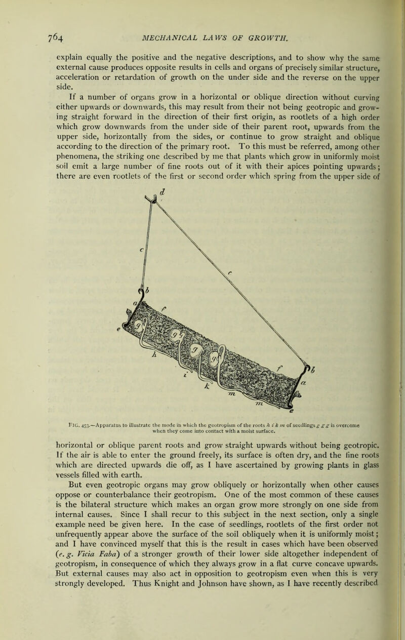 explain equally the positive and the negative descriptions, and to show why the same external cause produces opposite results in cells and organs of precisely similar structure, acceleration or retardation of growth on the under side and the reverse on the upper side. If a number of organs grow in a horizontal or oblique direction without curving either upwards or downwards, this may result from their not being geotropic and grow- ing straight forward in the direction of their first origin, as rootlets of a high order which grow downwards from the under side of their parent root, upwards from the upper side, horizontally from the sides, or continue to grow straight and oblique according to the direction of the primary root. To this must be referred, among other phenomena, the striking one described by me that plants which grow in uniformly moist soil emit a large number of fine roots out of it with their apices pointing upwards; there are even rootlets of the first or second order which spring from the upper side of FlG. 453.—Apparatus to illustrate the mode in which the geotropism of the roots h i k m of seedlings g gg is overcome when they come into contact with a moist surface. horizontal or oblique parent roots and grow straight upwards without being geotropic. If the air is able to enter the ground freely, its surface is often dry, and the fine roots which are directed upwards die off, as I have ascertained by growing plants in glass vessels filled with earth. But even geotropic organs may grow obliquely or horizontally when other causes oppose or counterbalance their geotropism. One of the most common of these causes is the bilateral structure which makes an organ grow more strongly on one side from internal causes. Since I shall recur to this subject in the next section, only a single example need be given here. In the case of seedlings, rootlets of the first order not unfrequently appear above the surface of the soil obliquely when it is uniformly moist; and I have convinced myself that this is the result in cases which have been observed (e. g. Vlcia Faba) of a stronger growth of their lower side altogether independent of geotropism, in consequence of which they always grow in a flat curve concave upwards. But external causes may also act in opposition to geotropism even when this is very strongly developed. Thus Knight and Johnson have shown, as I have recently described