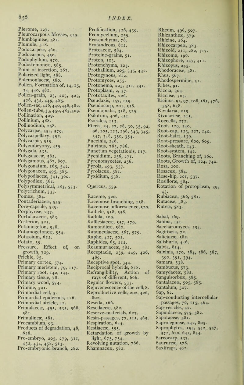 Plerome, 127. Pleurocarpous Mosses, 319. Plumbagineae, 581. Plumule, 518. Podoearpeae, 460. Podocarpus, 450. Podophyllum, 570. Podostemoneae, 585. Point of insertion, 167. Polarized light, 588. Polemoniaceae, 580. Pollen, Formation of, 14, 15, 34, 44°, 481. Pollen-grain, 23, 203, 423, 426, 432, 449, 485. Pollen-sac, 426,440,448,482. Pollen-tube, 33,450,485,509. Pollination, 429. Pollinium, 488. Pollinodium, 258. Polycarpae, 554, 579. Polycarpellary, 492. Polycarpic, 519. Polyembryony, 459. Polygala, 535. Polygalaceae, 582. Polygamous, 467, 807. Polygonatum, 165, 542. Polygonaceae, 495, 585. Polypodiaceae, 341, 360. Polypodieae, 361. Polysymmetrical, 183, 533. Polytrichum, 333. Pomeae, 584. Pontaderiaceae, 555. Pore-capsule, 539. Porphyreae, 237. Portulacaceae, 583. Posterior, 523. Potamogeton, 548. Potamogetoneae, 554. Potassium, 622. Potato, 59. Pressure, Effect of, on growth, 729. Prickle, 85. Primary cortex, 574. Primary meristem, 79, 117. Primary root, 142, 144. Primary tissue, 78. Primary wood, 574. Primine, 501. Primordial cell, 5. Primordial epidermis, 126. Primordial utricle, 42. Primulaceae, 495, 531, 568, 581. Primulineae, 581. Procambium, 93. Products of degradation, 48, 628. Pro-embryo, 205, 279, 311, 432, 434, 458, 513- Pro-embryonic branch, 282. Prolification, 426, 439. Promycelium, 239. Prosenchyma, 78. Protandrous, 812. Proteaceae, 584. Proteine-grains, 51. Proten, 103. Protenchyma, 103. Prothallium, 205, 335, 432. Protogynous, 812. Protomyces, 255. Protonema, 205, 311, 341. Protoplasm, 2, 37. Prototaxites, 226. Pseudaxis, 157, 159. Pseudocarp, 201, 518. Pseudopodia, 318, 329. Psilotum, 406, 411. Psoralea, 113. Pteris, 24, 27, 28, 30, 35, 92, 96, 105,123,196, 343, 345, 347, 348, 350, 351- Puccinia, 246. Pulvinus, 783, 786. Punctum vegetationis, 117. Pycnidium, 256, 271. Pyrenomycetes, 256. Pyrola, 493, 557. Pyrolaceae, 581. Pyxidium, 538. Quercus, 559. Raceme, 520. Racemose branching, 158. Racemose inflorescence, 520. Radicle, 518, 558. Radula, 309. Rafflesiaceae, 557, 579. Ramondieae, 580. Ranuneulaceae, 567, 579. Raphe, 427, 501. Raphides, 65, 112. Reaumuriaceae, 582. Receptacle, 239, 249, 426, 489. Receptive spot, 344. Reciprocal hybrids, 818. Refrangibility, Action of rays of different, 666. Regular flowers, 533. Rejuvenescence of the cell, 8. Reproductive cells, 202, 426, 802. Reseda, 166. Resedaceae, 582. Reserve-materials, 627. Resin-passages, 77, 115, 465. Respiration, 644. Restiaceae, 555. Retardation of growth by light, 675, 754. Revolving nutation, 766. Rhamnaceae, 582. Rheum, 496, 507. Rhizantheae, 579. Rhizine, 264. Rhizocarpeae, 383. Rhizoid, 211, 282, 317. Rhizome, 196. Rhizophore, 147, 411. Rhizopus, 245. Rhodoraceae, 581. Rhus, 567. Rhodospermine, 51. Ribes, 91. Riccia, 304. Riccieae, 304. Ricinus, 95, 97,108,161, 476, 558, 638. Rivularia, 215. Rivularieae, 215. Roccella, 272. Root, 129, 140. Root-cap, 123, 127, 140. Root-hairs, 139. Root-pressure, 600, 609. Root-sheath, 143. Root-system, 142. Roots, Branching of, 160. Roots, Growth of, 124, 740. Rosa, 200. Rosaceae, 584. Rose-hip, 201, 537. Rosiflorae, 584. Rotation of protoplasm, 39, 43- Rubiaceae, 566, 581. Rutaceae, 583. Ruteae, 583. Sabal, 169. Sabina, 451. Saccharomyces, 254. Sagittaria, 72. Salicineae, 582. Salisburia, 446. Salvia, 814. Salvinia, 170, 384, 386, 387, 39°) 39i, 394- Samara, 538. Sambucus, 573. Samydaceae, 582. Sanguisorbeae, 585. Santalaceae, 505, 585. Santalum, 507. Sap, 62. Sap-conducting intercellular passages, 76, 115, 464. Sap-vesicles, 42. Sapindaceae, 575, 582. Sapotaceae, 581. Saprolegnieae, 242, 805. Saprophytes, 194, 542, 557, 572, 620, 643, 844. Sarcocarp, 537. Saurureae, 578. Saxifraga, 492.