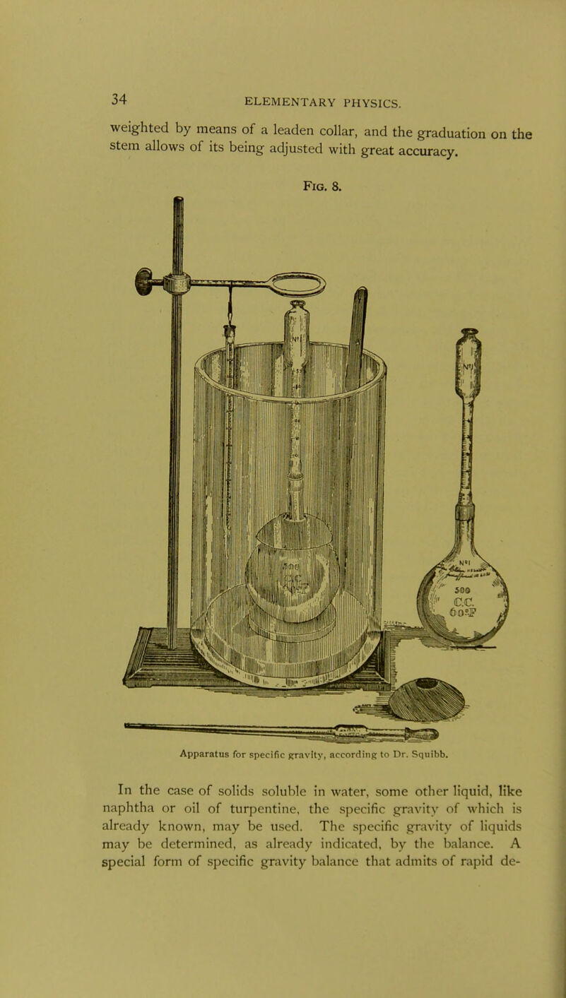 weighted by means of a leaden collar, and the graduation on the stem allows of its being adjusted with great accuracy. Fig. 8. Apparatus for specific gjavity, according to Dr. Squibb. In the case of solids soluble in water, some other liquid, like naphtha or oil of turpentine, the specific gravity of which is already known, may be used. The specific gravity of liquids may be determined, as already indicated, by the balance. A special form of specific gravity balance that admits of rapid de-