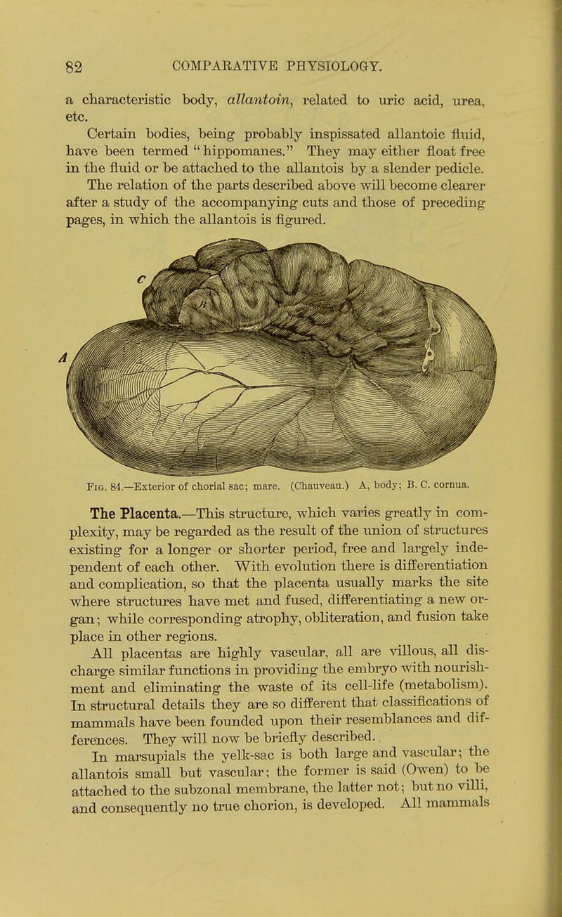 a characteristic body, allantoin, related to uric acid, urea, etc. Certain bodies, being probably inspissated allantoic fluid, have been termed hippomanes. They may either float free in the fluid or be attached to the allantois by a slender iiedicle. The relation of the parts described above will become clearer after a study of the accompanying cuts and those of preceding pages, in which the allantois is figured. Fis. 84.—Exterior of chorial sac; mare. (Chauveau.) A, body; B. C. cornua. The Placenta.—This stmcture, which varies greatly in com- plexity, may be regarded as the result of the union of structures existing for a longer or shorter period, free and largely inde- pendent of each other. With evolution there is differentiation and complication, so that the placenta usually marks the site where structures have met and fused, differentiating a new or- gan; while corresponding atrophy, obliteration, and fusion take place in other regions. All placentas are highly vascular, all are villous, all dis- charge similar functions in providing the embryo with nourish- ment and eliminating the waste of its cell-life (metabolism). In structural details they are so different that classifications of mammals have been founded upon their resemblances and dif- ferences. They will now be briefly described.. In marsupials the yelk-sac is both large and vascular; the allantois small but vascular; the former is said (Owen) to be attached to the subzonal membrane, the latter not; but no viUi, and consequently no time chorion, is developed. All mammals