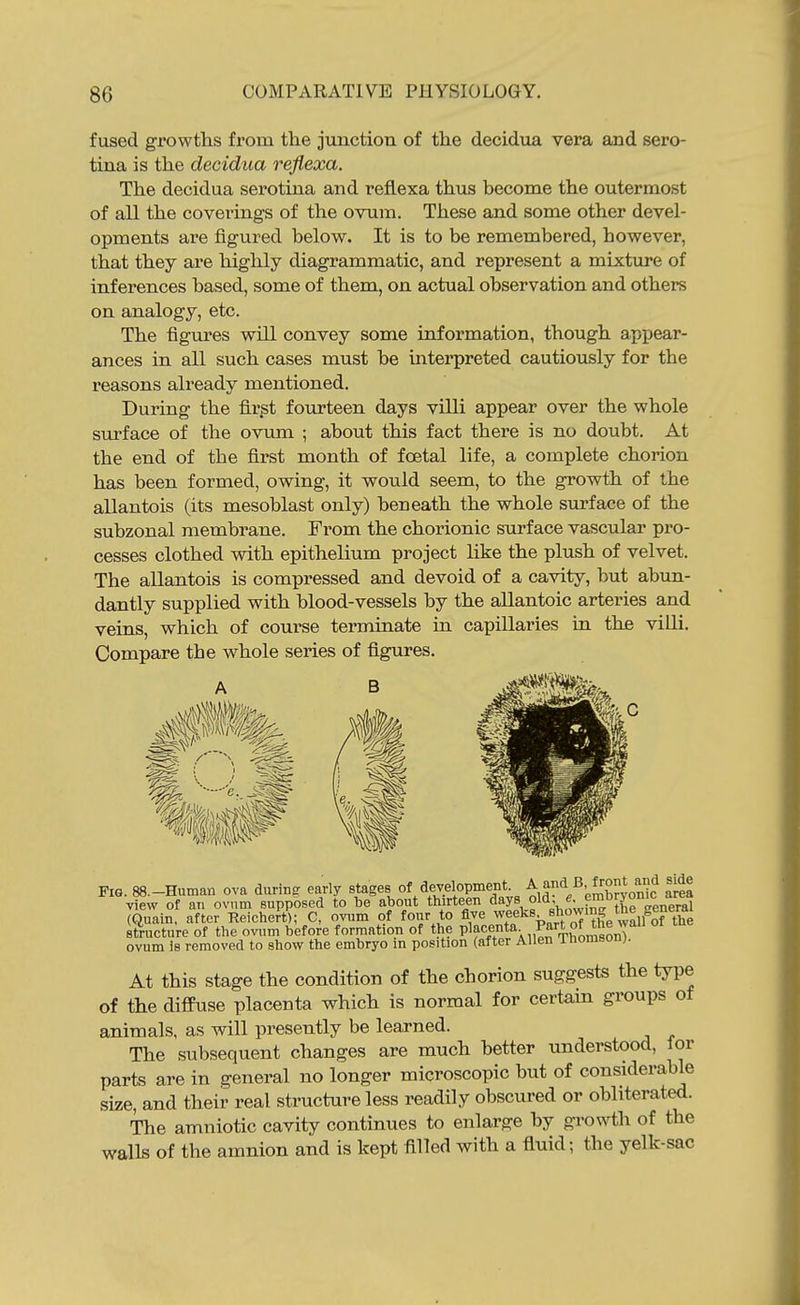 fused growths from the junction of the decidua vera and sero- tina is the decidua reflexa. The decidua serotina and reflexa thus become the outermost of all the coverings of the ovum. These and some other devel- opments are figured below. It is to be remembered, however, that they are highly diagrammatic, and represent a mixture of inferences based, some of them, on actual observation and others on analogy, etc. The figures will convey some information, though apiiear- ances in all such cases must be interpreted cautiously for the reasons already mentioned. During the first fourteen days villi appear over the whole surface of the ovum ; about this fact there is no doubt. At the end of the first month of foetal life, a complete chorion has been formed, owing, it would seem, to the growth of the allantois (its mesoblast only) beneath the whole surface of the subzonal membrane. From the chorionic surface vascular pro- cesses clothed with epithelium project like the plush of velvet. The allantois is compressed and devoid of a cavity, but abun- dantly supplied with blood-vessels by the allantoic arteries and veins, which of course terminate in capillaries in the villi. Compare the whole series of figures. A B Fig. 88.-Human ova during early stages of development ^ and B^ront and side view of an ovnm supposed to T)e about thirteen days o^^', f-„f™lie o-eneral (Quain, after Reichert); C, ovx,m of four to A/^jveeks showmg the^ sfructure of the ovnm before formation of the P'f entji. Part ot me w o ovum is removed to show the embryo in position (after Allen inomson;. At this stage the condition of the chorion suggests the type of the diffuse placenta which is normal for certain groups of animals, as will presently be learned. The subsequent changes are much better understood, or parts are in general no longer microscopic but of considerable size, and their real structure less readily obscured or obliterated. The amniotic cavity continues to enlarge by growth of the walls of the amnion and is kept filled with a fluid; the yelk-sac