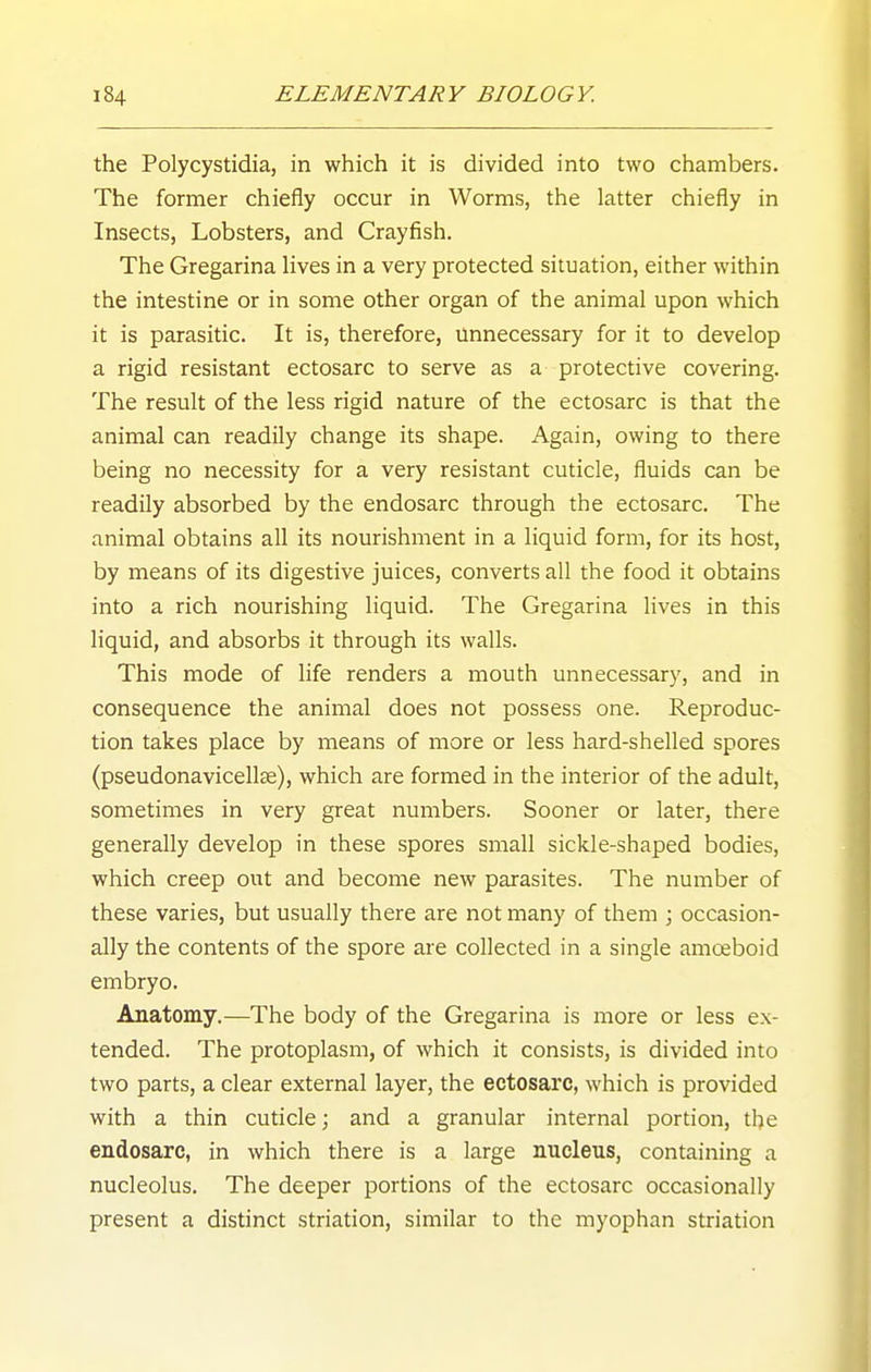 the Polycystidia, in which it is divided into two chambers. The former chiefly occur in Worms, the latter chiefly in Insects, Lobsters, and Crayfish. The Gregarina Hves in a very protected situation, either within the intestine or in some other organ of the animal upon which it is parasitic. It is, therefore, unnecessary for it to develop a rigid resistant ectosarc to serve as a protective covering. The result of the less rigid nature of the ectosarc is that the animal can readily change its shape. Again, owing to there being no necessity for a very resistant cuticle, fluids can be readily absorbed by the endosarc through the ectosarc. The animal obtains all its nourishment in a liquid form, for its host, by means of its digestive juices, converts all the food it obtains into a rich nourishing liquid. The Gregarina lives in this liquid, and absorbs it through its walls. This mode of life renders a mouth unnecessary, and in consequence the animal does not possess one. Reproduc- tion takes place by means of more or less hard-shelled spores (pseudonavicellse), which are formed in the interior of the adult, sometimes in very great numbers. Sooner or later, there generally develop in these spores small sickle-shaped bodies, which creep out and become new parasites. The number of these varies, but usually there are not many of them ; occasion- ally the contents of the spore are collected in a single amoeboid embryo. Anatomy.—The body of the Gregarina is more or less ex- tended. The protoplasm, of which it consists, is divided into two parts, a clear external layer, the ectosarc, which is provided with a thin cuticle; and a granular internal portion, the endosarc, in which there is a large nucleus, containing a nucleolus. The deeper portions of the ectosarc occasionally present a distinct striation, similar to the myophan striation