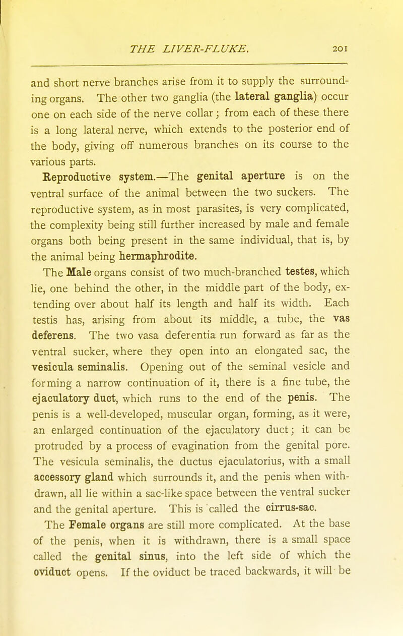 and short nerve branches arise from it to supply the surround- ing organs. The other two ganglia (the lateral ganglia) occur one on each side of the nerve collar; from each of these there is a long lateral nerve, which extends to the posterior end of the body, giving off numerous branches on its course to the various parts. Keproductive system.—The genital aperture is on the ventral surface of the animal between the two suckers. The reproductive system, as in most parasites, is very complicated, the complexity being still further increased by male and female organs both being present in the same individual, that is, by the animal being hermaphrodite. The Male organs consist of two much-branched testes, which lie, one behind the other, in the middle part of the body, ex- tending over about half its length and half its width. Each testis has, arising from about its middle, a tube, the vas deferens. The two vasa defer entia run forward as far as the ventral sucker, where they open into an elongated sac, the vesicula seminalis. Opening out of the seminal vesicle and forming a narrow continuation of it, there is a fine tube, the ejacnlatory duct, which runs to the end of the penis. The penis is a well-developed, muscular organ, forming, as it were, an enlarged continuation of the ejaculatory duct; it can be protruded by a process of evagination from the genital pore. The vesicula seminalis, the ductus ejaculatorius, with a small accessory gland which surrounds it, and the penis when with- drawn, all lie within a sac-like space between the ventral sucker and the genital aperture. This is called the cirrus-sac. The Female organs are still more complicated. At the base of the penis, when it is withdrawn, there is a small space called the genital sinus, into the left side of which the oviduct opens. If the oviduct be traced backwards, it will be