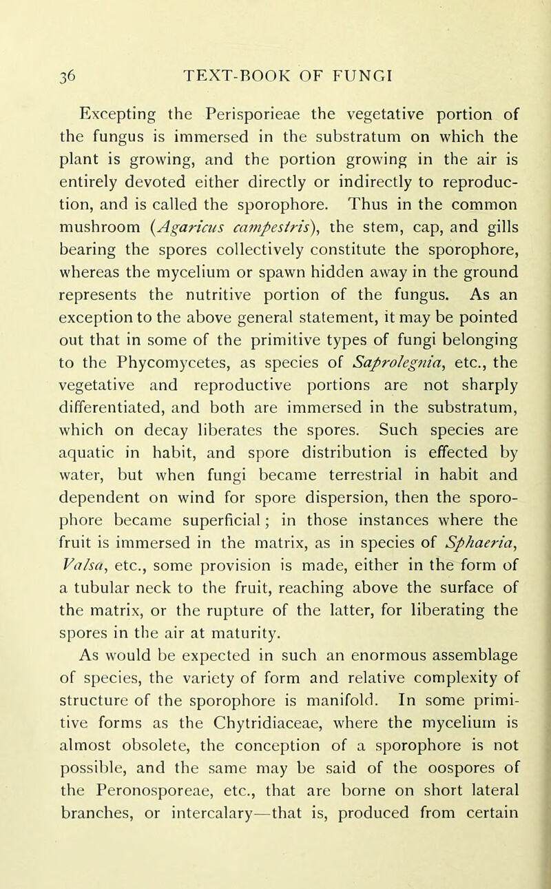 Excepting the Perisporieae the vegetative portion of the fungus is immersed in the substratum on which the plant is growing, and the portion growing in the air is entirely devoted either directly or indirectly to reproduc- tion, and is called the sporophore. Thus in the common mushroom (Agaricus campestris), the stem, cap, and gills bearing the spores collectively constitute the sporophore, whereas the mycelium or spawn hidden away in the ground represents the nutritive portion of the fungus. As an exception to the above general statement, it may be pointed out that in some of the primitive types of fungi belonging to the Phycomycetes, as species of Saprolegnia, etc., the vegetative and reproductive portions are not sharply differentiated, and both are immersed in the substratum, which on decay liberates the spores. Such species are aquatic in habit, and spore distribution is effected by water, but when fungi became terrestrial in habit and dependent on wind for spore dispersion, then the sporo- phore became superficial; in those instances where the fruit is immersed in the matrix, as in species of Sphae?-ia, Valsa, etc., some provision is made, either in the form of a tubular neck to the fruit, reaching above the surface of the matrix, or the rupture of the latter, for liberating the spores in the air at maturity. As would be expected in such an enormous assemblage of species, the variety of form and relative complexity of structure of the sporophore is manifold. In some primi- tive forms as the Chytridiaceae, where the mycelium is almost obsolete, the conception of a sporophore is not possible, and the same may be said of the oospores of the Peronosporeae, etc., that are borne on short lateral branches, or intercalary—that is, produced from certain