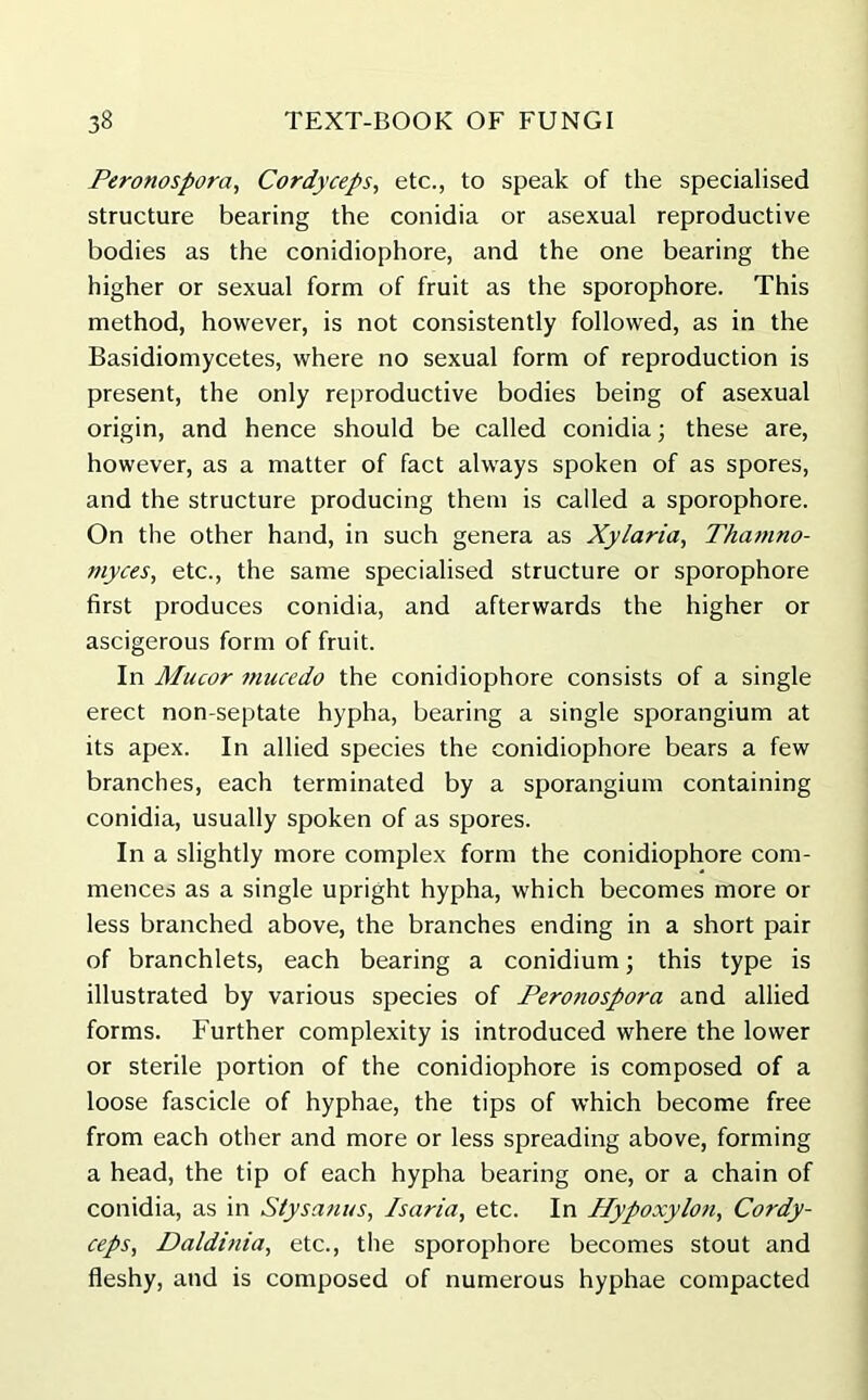 Peronospora, Cordyceps, etc., to speak of the specialised structure bearing the conidia or asexual reproductive bodies as the conidiophore, and the one bearing the higher or sexual form of fruit as the sporophore. This method, however, is not consistently followed, as in the Basidiomycetes, where no sexual form of reproduction is present, the only reproductive bodies being of asexual origin, and hence should be called conidia; these are, however, as a matter of fact always spoken of as spores, and the structure producing them is called a sporophore. On the other hand, in such genera as Xylaria, Thamno- myces, etc., the same specialised structure or sporophore first produces conidia, and afterwards the higher or ascigerous form of fruit. In Mucor mucedo the conidiophore consists of a single erect non-septate hypha, bearing a single sporangium at its apex. In allied species the conidiophore bears a few branches, each terminated by a sporangium containing conidia, usually spoken of as spores. In a slightly more complex form the conidiophore com- mences as a single upright hypha, which becomes more or less branched above, the branches ending in a short pair of branchlets, each bearing a conidium; this type is illustrated by various species of Peronospora and allied forms. Further complexity is introduced where the lower or sterile portion of the conidiophore is composed of a loose fascicle of hyphae, the tips of which become free from each other and more or less spreading above, forming a head, the tip of each hypha bearing one, or a chain of conidia, as in Stysanus, Isaria, etc. In Ilypoxylou, Cordy- ceps, Daldinia, etc., the sporophore becomes stout and fleshy, and is composed of numerous hyphae compacted