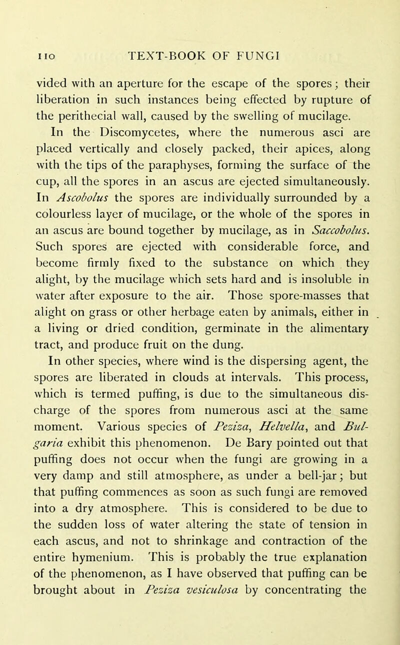 vided with an aperture for the escape of the spores; their liberation in such instances being effected by rupture of the perithecial wall, caused by the swelling of mucilage. In the Discomycetes, where the numerous asci are placed vertically and closely packed, their apices, along with the tips of the paraphyses, forming the surface of the cup, all the spores in an ascus are ejected simultaneously. In Ascobolus the spores are individually surrounded by a colourless layer of mucilage, or the whole of the spores in an ascus are bound together by mucilage, as in Saccobolus. Such spores are ejected with considerable force, and become firmly fixed to the substance on which they alight, by the mucilage which sets hard and is insoluble in water after exposure to the air. Those spore-masses that alight on grass or other herbage eaten by animals, either in a living or dried condition, germinate in the alimentary tract, and produce fruit on the dung. In other species, where wind is the dispersing agent, the spores are liberated in clouds at intervals. This process, which is termed puffing, is due to the simultaneous dis- charge of the spores from numerous asci at the same moment. Various species of Peziza, Helvetia, and Bul- garia exhibit this phenomenon. De Bary pointed out that puffing does not occur when the fungi are growing in a very damp and still atmosphere, as under a bell-jar; but that puffing commences as soon as such fungi are removed into a dry atmosphere. This is considered to be due to the sudden loss of water altering the state of tension in each ascus, and not to shrinkage and contraction of the entire hymenium. This is probably the true explanation of the phenomenon, as I have observed that puffing can be brought about in Peziza vesiculosa by concentrating the