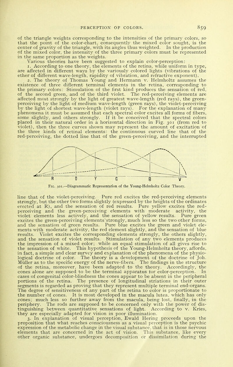 of the triangle weights corresponding to the intensities of the primary colors, so that the point of the color-chart, consequently the mixed color sought, is the center of gravity of the triangle, with its angles thus weighted. In the production of the mixed color, the intensity of the three primary colors must be represented in the same proportion as the weights. Various theories have been suggested to explain color-perception: 1. According to one theory, the elements of the retina, while uniform in type, are affected in different ways by the variously colored lights (vibrations of the ether of different wave-length, rapidity of vibration, and refractive exponent). 2. The theory of Thomas Young and Hermann v. Helmholtz assumes the existence of three different terminal elements in the retina, corresponding to the primary colors: Stimulation of the first kind produces the sensation of red, of the second green, and of the third violet. The red-perceiving elements are affected most strongly by the light of greatest wave-length (red rays), the green- perceiving by the light of medium wave-length (green rays), the violet-perceiving by the light of shortest wave-length (violet rays). For the explanation of many phenomena it must be assumed that each spectral color excites all forms of fibers, some slightly, and others strongly. If it be conceived that the spectral colors placed in their natural order in a horizontal direction in Fig. 301 (from red to violet), then the three curves shown may represent the amount of excitation of the three kinds of retinal elements: the continuous curved line that of the red-perceiving, the dotted line that of the green-perceiving, and the interrupted line that of the violet-perceiving. Pure red excites the red-perceiving elements strongly, but the other two forms slightly (expressed by the heights of the ordinates erected at R), and the sensation of red results. Pure yellow excites the red- perceiving and the green-perceiving elements with moderate activity, the violet elements less actively, and the sensation of yellow results. Pure green excites the green-perceiving elements strongly, much less so the two other forms, and the sensation of green results. Pure blue excites the green and violet ele- ments with moderate activity, the red element slightly, and the sensation of blue results. Violet excites the corresponding elements strongly, the others slightly, and the sensation of violet results. Stimulation of any two elements produces the impression of a mixed color; while an equal stimulation of all gives rise to the sensation of white. This hypothesis of the Young-Helmholtz theory, affords, in fact, a simple and clear survey and explanation of the phenomena of the physio- logical doctrine of color. The theory is a development of the doctrine of Joh. Miiller as to the specific energy of the nerve-fibers. The findings in the structure of the retina, moreover, have been adapted to the theory. Accordingly, the cones alone are supposed to be the terminal apparatus lor color-perception. In cases of congenital color-blindness the cones appear to be absent in the peripheral portions of the retina. The presence of longitudinal striations in their outer segments is regarded as proving that they represent multiple terminal end-organs. The degree of sensitiveness of any part of the retina to color is proportionate to the number of cones. It is most developed in the macula lutea, which has only cones; much less so further away from the macula, being lost, finally, in the periphery. The rods are supposed to be concerned only with the power of dis- tinguishing between quantitative sensations of light. According to v. Kries, they are especially adapted for vision in poor illumination. 3. In explanation of visual perception, Ewald Hering proceeds upon the proposition that what reaches consciousness as a visual perception is the psychic expression of the metabolic change in the visual substance, that is in those nervous elements that are concerned in the act of vision. This substance, like every other organic substance, undergoes decomposition or dissimilation during the