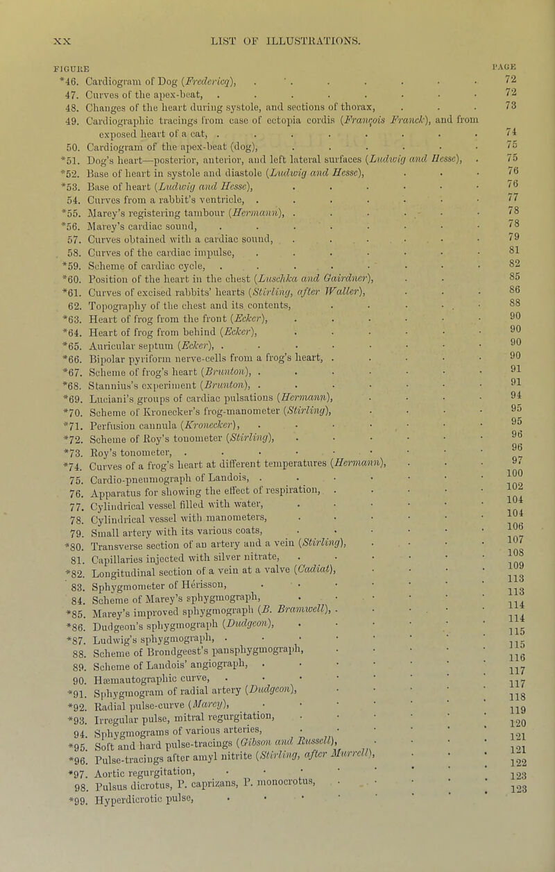 FIGUKE *46. Cardiogram of Dog [Fredcricq), . ' . 47. Curves of tlie ape.\-beat, ........ 48. Changes of the heart during systole, and sections of thorax, 49. Cardiographic tracings I'roin ease of ectopia cordi.s {Francois Franck), and from exposed heart of a cat, ........ .60. Cardiogram of the apex-heat (dog), ...... *51. Dog’s heart—posterior, anterior, and left lateral surfaces {Ludivig and Hesse), *52. Base of heart in .systole and diastole {L'lulwig and Hesse), *53. Base of heart {Ludwig and Hesse), 54. Curves from a rabbit’s venti'icle, . *55. JIarey’s registering tambour {Hermann), . *56. Marey’s cardiac sound, .... 57. Curves obtained with a cardiac sound, . . . 58. Curves of the cardiac impulse, *59. Scheme of cardiac cycle, . . ... *60. Position of the heart in the chest {LuscJika and Gairdner), *61. Curves of excised rabbits’ hearts {Stirling, after Walter), 62. Topography of the chest and its contents, *63. Heart of frog from the front {EcTcer), *64. Heart of frog from behind {Eckcr), *65. Auricular septum {Eckcr), .... *66. Bipolar pyriform nerve-cells from a frog’s heart, . *67. Scheme of frog’s heart {Brunton), . *68. Stannius’s experiment {Brunton), . *69. Luciani’s groups of cardiac pulsations {Hermann), *70. Scheme of Kronecker’s frog-manometer {Stirling), *71. Perfusion cannida {Kronccker), *72. Scheme of Roy’s tonometer {Stirling), *73. Roy’s tonometer, .... *74. Curves of a frog’s heart at different temperatures {Hermann), 75. Cardio-pneumograph of Landois, . 76. Apparatus for showing the effect of respiration, 77. Cylindric.al vessel filled with water, 78. Cylindrical vessel with manometers, 79. Small artery with its various coats, *80. Transverse section of an artery and a vein {Stirling), 81. Capillaries injected with silver nitrate, . *82. Longitudinal section of a vein at a valve {Gadiat) 83. Sphygmometer of Herisson, 84. Scheme of Marey’s sphygmograph, *85. Marey’s improved sphygmograph {B. Bramivell), *86. Dudgeon’s sphygmograph {Dudgeon), *87. Ludwig’s sphygmograph, . 88. Scheme of Brondgeest’s pansphygmograph, 89. Scheme of Landois’ angiograph, 90. Hsemautographic curve, *91. S[diygmogram of radial artery {Dudgeon), *92. Radial pulse-curve (to’cy), . *93. Irregular pulse, mitral regurgitation, 94. Sphygmograms of various arteries, *95' Soft and hard pulse-tracings {Gibson and Russell), *96‘. Pulse-tracings after amyl nitrite {StMuig, after Murrell *97. Aortic regurgitation, . • • • 98. Pulsus dicrotus, P. caprizans, P. monocrotus, *99. Hyperdicrotic pulse, • • • ' l'.\GE 72 72 73 74 / 0 75 76 76 77 78 78 79 81 82 85 86 88 90 90 90 90 91 91 94 95 95 96 96 97 100 102 104 104 106 107 108 109 113 113 114 114 115 115 116 117 117 118 119 120 121 121 122 123 123