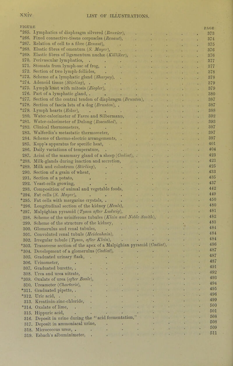 FIGUllE PAGE *265. I.yinpliatics of diapliragm silvered (lianvicr), ..... 373 *266. FLved connective-tissue corpuscles (Rcnaut), ..... 374 *267. Relation of cell to a fibre {Ecnaui), . . . . . . . 375 *268. Elastic fibres of omentum {S. Mayer), ...... 376 *269. Elastic fibres of liganicntum nuchre {K'Ollikcr), ..... 376 270. Perivascular lynipliatics, ........ 377 271. Stomata from lynipli-sac of frog, ....... 377 272. Section of two lynipb-follicles, ....... 378 *273. Scheme of a lymphatic gland {Sharpey), ...... 378 *274. Adenoid tissue (Stirling), ........ 379 *275. Lymph knot with mitosis (Ziegler), ...... 379 276. Part of a lymphatic gland, ........ 380 *277. Section of the central tendon of diaphragm (Brunton), .... 387 *278. Section of fascia lata of a dog (Brunton), . ..... 387 *279. Lymph hearts (Bcker), ........ 388 280. Water-calorimeter of Favre and Silbermann, ..... 392 *281. Water-calorimeter of Dulong (Rosenthal), ...... 393 *282. Clinical thermometers, ........ 397 283. Walferdin’s metastatic thermometer, ...... 397 284. .Scheme of thermo-electric arrangements, ...... 397 285. Kopp’s apparatus for specific heat, ...... 401 286. Daily variations of temperature, ....... 404 287. Acini of the mammary gland of a sheep ..... 423 *288. Milk-glands during inaction and secretion, ..... 423 *289. Milk and colostrum (Stirling), . ' . . . . . • 425 290. Section of a grain of wheat, ....... 433 291. Section of a potato, ........ 435 292. Yeast-cells growing, ........ 437 293. Composition of animal and vegetable foods, ..... 442 *294. Fat cells (S. Mayer), 449 *295. Fat cells with margarine crystals, ....... 450 *296. Longitudinal section of the kidney (Henle), ..... 480 *297. Malpighian pyramid (Tysow XMfZzvzjr), ..... 481 298. Scheme of the uriniferous tubules (Klein and Koblc Smith), . . . 482 299. Scheme of the structure of the kidney, ...... 483 300. Glomerulus and renal tubules, ....... 484 301. Convoluted renal tubule (Heidenham), . . . • • • 484 302. Irregular tubule (Tyson, after Klein), ...... 484 *303. Transverse section of the apex of a Malpighian pyramid (Cadiat), . . 486 *304. Development of a glomerulus (Cadiat), ...... 487 305. Graduated urinary flask, ........ 48/ 306. Urinometer, ......... 487 307. Graduated burette, . . . . . . • • • 308. Urea and urea nitrate, . . . . . • . . 492 *309. Oxalate of urea (after Beale), . . . . . ... 493 310. Ureameter (Clmrteris), ........ 494 *311. Graduated pipette, 495 *312. Uric acid, 313. Kreatinin-zinc-chloride, ......•• *314. Oxalate of lime, 315. Hippuric acid, 316. Deposit in urine during the “acid fermentation,” . . . .508 317. Deposit in ammoniacal urine, 509 318. Micrococcus urea;, 319. Esbach’s albuminimeter,