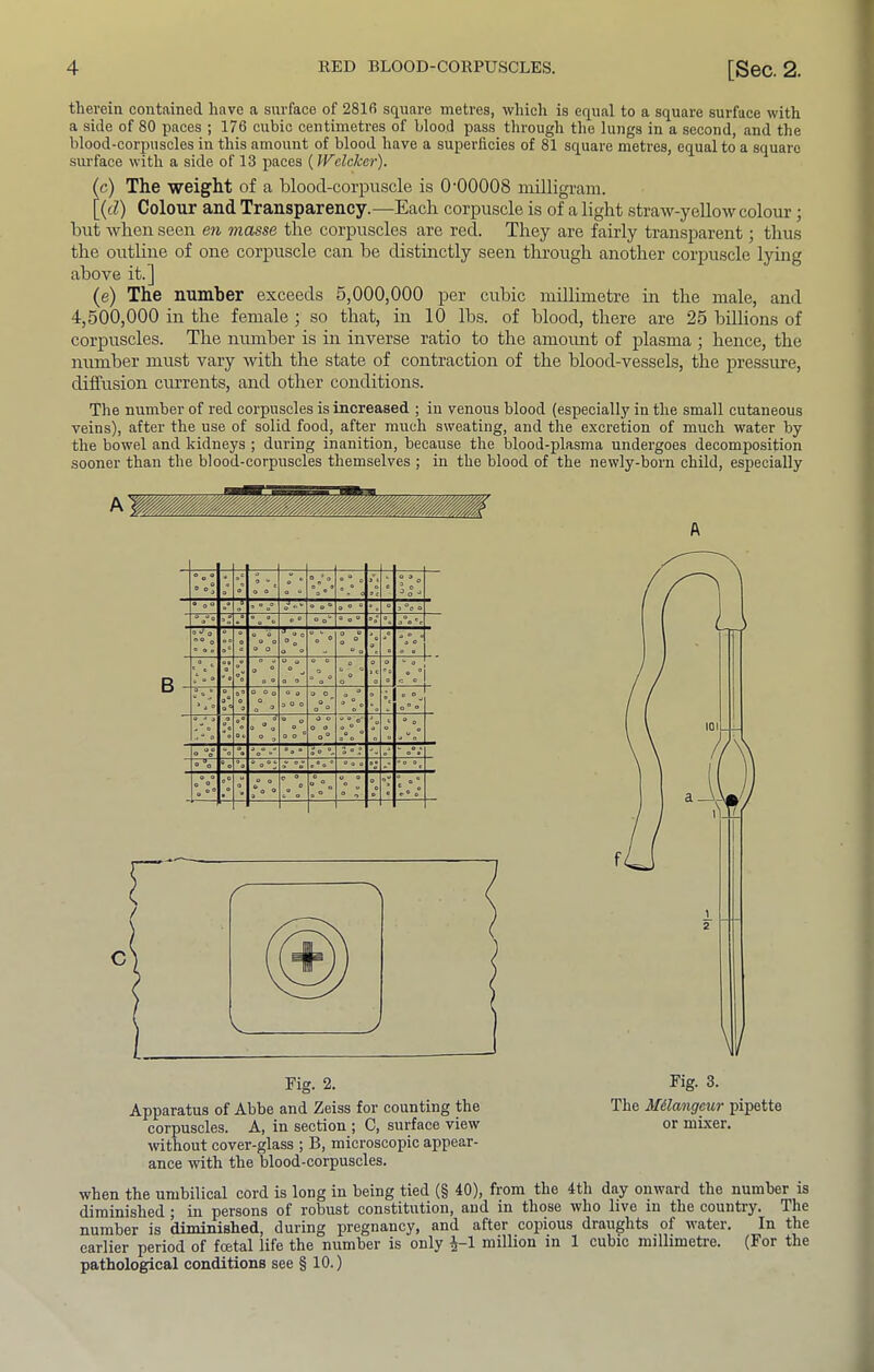 therein contained have a surface of 281fi square metres, which is equal to a square surface with a side of 80 paces ; 176 cubic centimetres of blood pass through the lungs in a second, and the blood-corpuscles in this amount of blood have a superficies of 81 square metres, equal to a square siu'face with a side of 13 paces {JVelcker). (c) The weight of a blood-corpuscle is 0-00008 niLUigi-am. [((Z) Colour and Transparency.—Each corpuscle is of a light straw-yellow colour; but when seen en masse the corpuscles are red. They are fairly transparent; thus the oirthne of one corpuscle can be distmctly seen through another corpuscle lying above it.] (e) The number exceeds 5,000,000 per cubic millimetre in the male, and 4,500,000 in the female ; so that, in 10 lbs. of blood, there are 25 billions of corpuscles. The number is in inverse ratio to the amoimt of plasma ; hence, the number must vary with the state of contraction of the blood-vessels, the pressure, diffusion cirrrents, and other conditions. Tlie number of red corpuscles is increased ; in venous blood (especially in the small cutaneous veins), after the use of solid food, after much sweating, and the excretion of much water by the bowel and kidneys ; during inanition, because the blood-plasma undergoes decomposition sooner than the blood-corpuscles themselves ; in the hlood of the newly-horn child, especially A B Apparatus of Ahbe and Zeiss for counting the corpuscles. A, in section ; C, surface view without cover-glass ; B, microscopic appear- ance with the blood-corpuscles. The Mdlangcur pipette or mixer. when the umbilical cord is long in being tied (§ 40), from the 4th day onward the number is diminished j in persons of robust constitution, and in those who live in the country. The number is diminished, during pregnancy, and after copious draughts of water. In the earlier period of foetal life the number is only ^-1 million in 1 cubic millimeti-e. (For the pathological conditions see §10.)