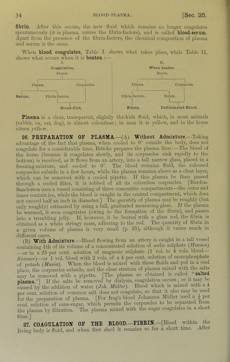 fllirin. After this occui\s, the new fluid wliich reinaiii.s no longer coagulates spontaneously (it is plasma, minus the fibrin-factors), and is called blood-serum. Apart from the presence ojf the fibrin-factors, the chemical composition of plasma and serum is the same. '\^^len blood coagulates. Table I. shows what takes place, Avhile Table II. shows Avhat occurs when it is beaten :— I. II. Coagulation. Blood. Plasma. Coiimscles. I Serum. FlVirin-fnctors. Blood-Clot. WUen beaten. Blood. Plasma. Fibrin-factors. 1 Fibrin. Corpuscles Seram. Defibrinated Blood. Plasma is a clear, transparent, slightly thicldsh fluid, which, in most animals (rabbit, ox, cat, dog), is ahnost colourless; in man it is yeUoAV, and in the horse citron yellow. 26. PEEPARATION OF PLASMA.—(A) Without Admixture.—Takmg advantage of the fact that plasma, when cooled to 0° outside the body, does not coagidate for a considerable time, Briicke prepares the plasma thus:—The blood of the horse (because it coagidates slowly, and its corpuscles sinlc rapidly to the bottom) is received, as it flows from an artery, into a tall narrow glass, placed in a freezing-mixture, and cooled to 0°. The blood remains fluid, the coloured corpuscles subside in a few hoiu’S, while the plasma remains above as a clear layer, Avliicli can be removed with a cooled pipette. If this plasma be then passed through a cooled filter, it is robbed of all its colourless corpuscles. [Burdon- Sanderson uses a vessel consisting of three concentric compartments—the outer and inner contain ice, while the blood is caught in the central compartment, Avhicli does not exceed half an inch in diameter.] The quantity of plasma may be roughly (but only roughly) estimated by using a tall, graduated measm’ing-glass. If the plasma be Avarmed, it soon coagulates (oAving to the formation of the fibrin), and passes into a trembling jelly. If, however, it be beateii AAuth a glass rod, the fibrin is obtained as a Avhite stringy mass, adheruig to the rod. The quantity of fibrin in a given volume of plasma is very small (p. 35), although it Amries much in different cases. (B) With Admixture.—Blood floAving from an artery is caught in a taU vessel containing yth of its volume of a concentrated solution of sodic sulphate (Hewson) or in a 25 per cent, solution of magnesic sidphate (1 vol. to 4 vols. blood Simmer)—or 1 vol. blood Avith 2 vols. of a 4 per cent, solution of monophosphate of potash {Masia). When the blood is mixed with these fluids and put in a cool place, the corpuscles subside, and the clear stratum of plasma mixed Avith the salts may be removed Avith a pipette. [The plasma so obtained is called “salted plasma.”] If the salts be removed by dialysis, coagulation occurs; or it may be caused by the addition of Avater [Joh. Muller). Blood Avliich is mixed Avith a 4 per cent, solution of common salt does not coagulate, so that it also may be used for the preparation of plasma. [For frog’s blood Johannes Muller used a | per cent, solution of cane-sugar, Avhich permits the corpuscles to be separated from the plasma by filtration. The plasma mixed with the sugar coagulates in a short time.] 27. COAGULATION OF THE BLOOD.—FIBRIN.—[Blood within the living body is fluid, and Avhen first shed it remains so for a short time. After