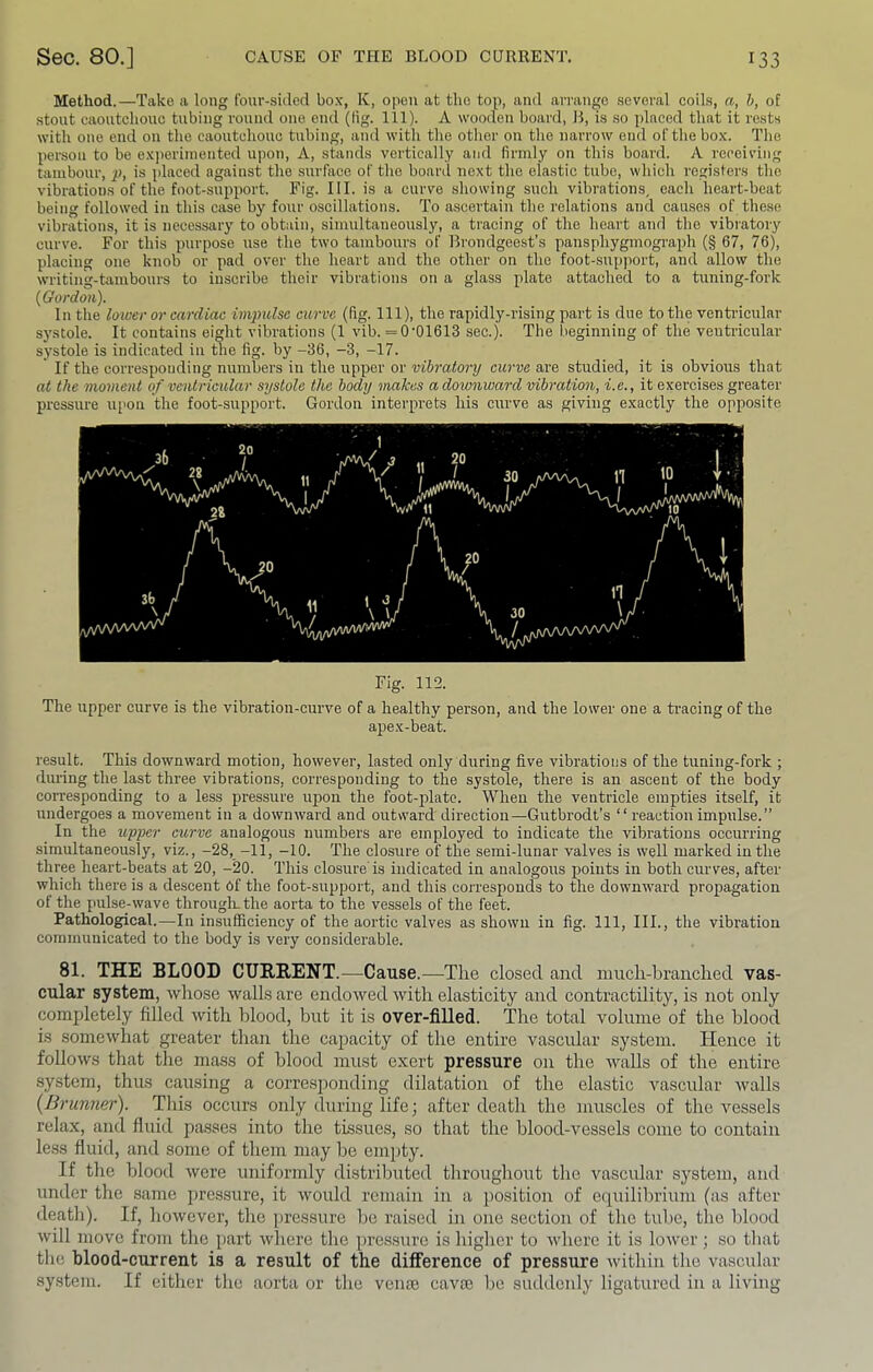 Method.—Take a long fouv-sided box, K, open at the top, and arrange several coils, a, h, of stout caoutchouc tubing round one end (Hg. 111). A wooden board, B, is so placed that it rests with one end on the caoutchouc tubing, and with the other on the narrow end of the box. The person to be experimented upon. A, stands vertically and firmly on this board. A receiving tambour, p, is placed against the surfaee of the boanl next the elastic tube, which registers the vibrations of the foot-support. Fig. III. is a curve showing such vibrations, each heart-beat being followed in this case by four oscillations. To ascertain the relations and causes of these vibrations, it is necessary to obtain, sinndtaneously, a tracing of the heart and the vibratory curve. For this purpose use the two tambours of Brondgeest’s pansphygmogi-aph (§ 67, 76), placing one knob or pad over the heart and the other on the foot-support, and allow the writing-tambours to inscribe their vibrations on a glass plate attached to a tuning-fork (Gordoii). In the Icywer or cardiac impulse curve (fig. Ill), the rapidly-rising part is due to the ventricular systole. It contains eight vibrations (1 vib.=0’01613 sec.). The beginning of the ventricular systole is indicated in the fig. by -36, -3, -17. ' If the corresponding numbers in the upper or vibratory curve are studied, it is obvious that at the moment of ventricular systole the body makes a downward vibi'ation, i.e., it exercises greater pressure iqion the foot-support. Gordon interprets his curve as giving exactly the opposite Fig. 112. The upper curve is the vibration-curve of a healthy person, and the lower one a ti’acing of the apex-beat. result. This downward motion, however, lasted only during five vibrations of the tuning-fork ; during the last three vibrations, corresponding to the systole, there is an ascent of the body corresponding to a less pressure upon the foot-plate. When the ventricle empties itself, it undergoes a movement in a downward and outward direction—Gutbrodt’s “ reaction impulse.” In the upper curve analogous numbers are employed to indicate the vibrations occurring simultaneously, viz., -28,-11, -10. The closure of the semi-lunar valves is well marked in the three heart-beats at 20, -20. This closure is indicated in analogous points in both curves, after which there is a descent Of the foot-support, and this corresponds to the downward propagation of the pulse-wave througli.the aorta to the vessels of the feet. Pathological.—In insufficiency of the aortic valves as shown in fig. Ill, III., the vibration communicated to the body is very considerable. 81. THE BLOOD CURRElirT.—Cause.—The closed and much-branched vas- cular system, whose walls are endowed with elasticity and contractility, is not only completely filled with blood, but it is over-filled. The total volume of the blood is somewhat greater than the capacity of the entire vascular system. Hence it follows that the mass of blood must exert pressure on the walls of the entire system, thus causing a corresponding dilatation of the elastic vascular walls {Brunner). This occurs only during life; after death the muscles of the vessels relax, and fluid passes into the tissues, so that the blood-vessels come to contain less fluid, and some of them may be empty. If the blood were uniformly distributed throughout the vascular system, and under the same pressure, it would remain in a position of equilibrium (as after death). If, however, the [)ressure be raised in one section of the tube, the blood will move from the part wliere the pressure is higher to Avhere it is lower; so that the blood-current is a result of the difference of pressure within the vascular system. If either the aorta or the vence cavo3 be suddenly ligatured in a living