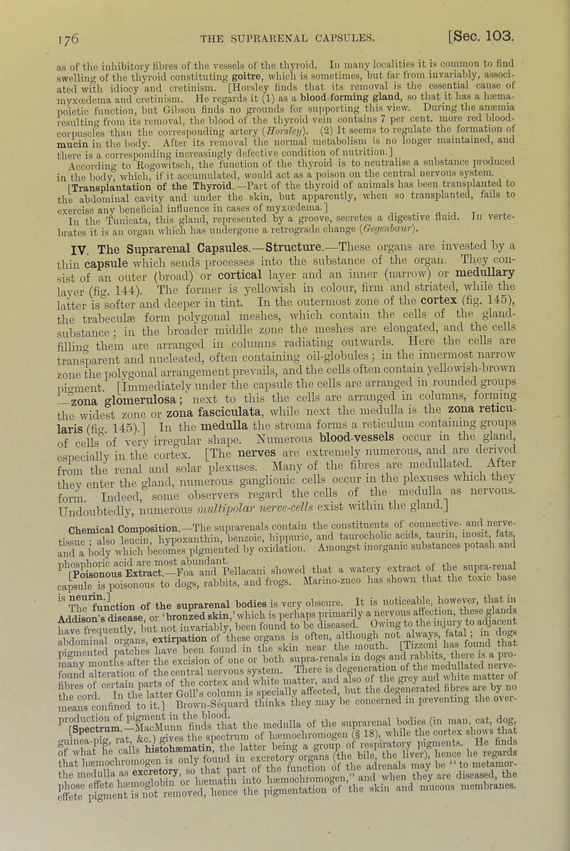 as of the inhibitory iibrcs of the vessels of the thyroid. In many localitie.s it i.s common to find swelling of the thyroid constituting goitre, which is sometimes, but lar from invariably, associ- ated with idiocy and cretinism. [Horsley finds tliat its removal is the essential cause of niyxcedema and eretinism. He regards it (1) as a blood-forming gland, so that it ha,s a Inema- poietic function, but Gibson finds no grounds for snpportiug this view. During the anemia resultino- from its removal, the blood of the thyroid vein contains 7 per cent, more red blood- corpnscles than the corresponding artery [Horsley). (2) It seems to regulate the formation of mucin in the body. After its removal the normal metabolism is no longer maintained, and there is a corresponding increasingly defective condition of nutrition.] According to Rogowitsch, the function of the thyroid is to neutralise a substance produced in the body which, if it accumulated, would act as a poison on the central nervous system. [Transplantation of the Thyroid.—Part of the thyroid of animals has been transplanted to the abdominal cavity and under the skin, but apparently, when so transplanted, fails to exercise any beneficial influence in oases of niyxcedema.] In the Tunicata, this gland, represented by a groove, secretes a digestive fluid, in verte- brates it is an organ which has undergone a reti'ograde change [Gegenhaur). IV. The Suprarenal Capsules.—Structure.—These organs are invested by a thin capsule which sends processes into the substance of the organ. They con- sist of an outer (broad) or cortical layer and an inner (narrow) or medullary layer (fig. 144). The former is yellowish in colour, firm and striated, while the latter is softer and deeper in tint. In the outermost zone of the cortex (fig. 14-5), the trabeculffi form polygonal meshes, which contain the cells of the gland- substance ; in the broader middle zone the meshes are elongated, and the cells filliim them are arranged in columns radiating outwards. Here the ceUs are transparent and nucleated, often containing oil-globules; in the innermost narrow zone the polygonal arrangement prevails, and the ceUs often contain yeUowish-brown nio'ment. [Immediately under the capside the cells are arranged in rounded groups —^ona glomerulosa; next to this the cells are arranged in columns, forming the widest zone or zona fasciculata, while next the medulla is the zona reticu- laris (fio- 145) 1 In the medulla the stroma forms a reticulum containing groups of ceUs° of very irregular shape. Numerous blood-vessels occur in the gland esnecially in the cortex. [The nerves are extremely numerous, and are derived from the renal and solar plexuses. Many of the fibres are nieduUated. After they enter the gland, numerous gaughonic cells occur in the plexuses ivliich they form. Indeed, some observers regard the cells of the medulla as nervous. Undoubtedly, numerous multipolar nerve-cells exist within the gland.J Chemical Composition.—The siiprareiials contain the constituents of _coniiectn'e-_and iimwe- tissiie • also leucin, hypoxanthin, benzoic, hippunc, and taurochohe acids, taiinn, luosit, fats, and a body which becomes pigmented by oxidation. Amongst inorganic substances potash and showed that a watery extract of the supra-mial ca&“^^^^ to dogs, rabbits, and frogs. Marino-zuco has shown that the toxic base The^unction of the suprarenal bodies is very obscure. It is noticeable, however, that m AddiBon'e dieease ov ‘bronzed skin,’ which is perhai.s primarily a nervmis affection, these glands me.rL«™d tVft] Brow,.-Sd<i«a,,l tllinks the, may be co.iccmcd ... prc.entmg theovc- 'TSlnmhfSnm the med.illa of the s.iptarenal brfte (in ...... cat dog ^ ^ TiUr vit 1 ffives the spectrum of liEeniochroniogen (§ 18), while the coitex sliovs that fMXrfie caib ^ the latter being a group of respiiiitory ftat brnmoohromogen is only fonnd i.. '“'ff,? X™ ml) bf-^o .1, tonor- T irbratr .. E,..S,So;).‘'Urw£ 4- - d-ased, the the pigme.,tatio., of the .skin and mueo... membranes.