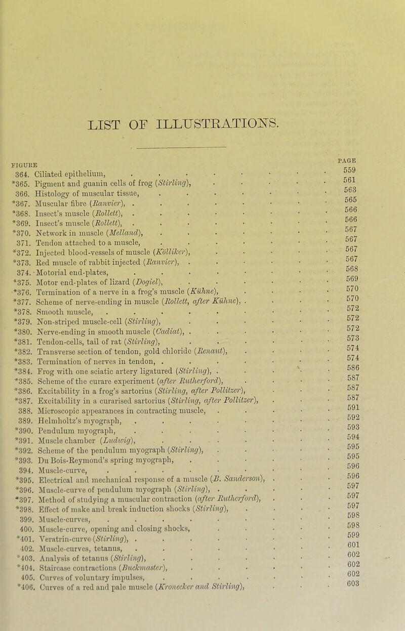 LIST or ILLUSTEATIOKS. FIGUllE 364. Ciliated epithelium, ..... *365. Pigment and giianiii cells of frog [Stirling), 366. Histology of muscular tissue, .... *367. Muscular fibre [JRanvier), ..... *368. Insect’s muscle [Rolletl), ..... *369. Insect’s muscle [Rollett), ..... *370. Network in muscle .... 371. Tendon attached to a muscle, .... *372. Injected blood-vessels of muscle (Kdllilcer), *373. Red muscle of rabbit injected • 374. Motorial end-plates, . . . . • *375. Motor end-plates of lizard (Z>oytcZ), *376. Termination of a nerve in a frog’s muscle [Kiihnc), *377. Scheme of nerve-ending in muscle [Rollett, after Kiihne), . *378. Smooth muscle, ...... *379. Non-striped muscle-cell [Stirling), *380. Nerve-ending in smooth muscle [Cacliat), . *381. Tendon-cells, tail of rat [Stirling), *382. Transverse section of tendon, gold chloride [Renaut), *383. Termination of nerves in tendon, .... *384. Frog with one sciatic artery ligatured [Stirling), . *385. Scheme of the curare experiment [after Rutherford), *386. Excitability in a frog’s sartorius [Stirling, after Pollitzer), *387. Excitability in a curarised sartorius [Stirling, after Pollitzer), 388. Microscopic appearances in contracting muscle, 389. Helndioltz’s myograph, ..... *390. Pendulum myograph, ..... *391. Muscle chamber [Ltedwig), . ... *392. Scheme of the pendulum myograph [Stirling), *393. Du Bois-Reymond’s spring myograph, 394. Musclc-cun-e, ...... *395. Electrical and mechanical response of a muscle [R. Sanderson), *396. Muscle-curve of pendulum myograph [Stirling), . *397. Method of studying a muscular contraction [after Rutherford), *398. Effect of make and break induction shocks [Stirling), 399. ^Muscle-curves, ...... 400. Muscle-curve, opening and closing shocks, *401. Veratrin-curve [Stirling), ..... 402. Musclc-curvcs, tetanus, ..... *403. Analysis of tetanus [Stirling), .... *404. Staircase contractions [Bnekniaster), 405. Curves of voluntary impulses, .... *406. Curves of a red and pale muscle [Kroneeker and Stirling), P.\GE 559 561 563 565 566 566 567 567 567 567 568 569 570 570 572 572 572 573 574 574 586 587 587 587 591 592 593 594 595 595 596 596 597 597 597 598 598 599 601 602 602 602 603