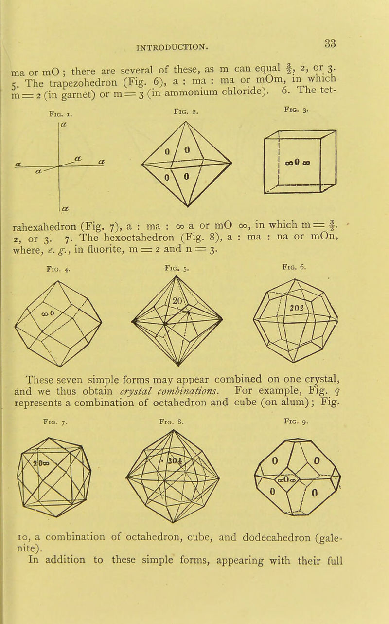 ma or mO ; there are several of these, as m can equal f, 2, or 3. 5. The trapezohedron (Fig. 6), a : ma : ma or mOm ^ which m = 2 (in garnet) or m = 3 (in ammonium chloride). 6. 1 he tet- FiG. 3. Fig. I. Fig. 2. a tz. a Ob'— a. j oaO CO rahexahedron (Fig. 7), a : ma : 00 a or mO 00, in which m = f, 2, or 3. 7. The hexoctahedron (Fig. 8), a : ma : na or mOn, where, e. g., in fluorite, m = 2 and n = 3. Fig. 4. Fig. s. Fig. 6. These seven simple forms may appear combined on one crystal, and we thus obtain crystal combinations. For example, Fig. q represents a combination of octahedron and cube (on alum); Fig. Fig. 7. Fig. 8. Fig. 9. lo, a combination of octahedron, cube, and dodecahedron (gale- nite). In addition to these simple forms, appearing with their full