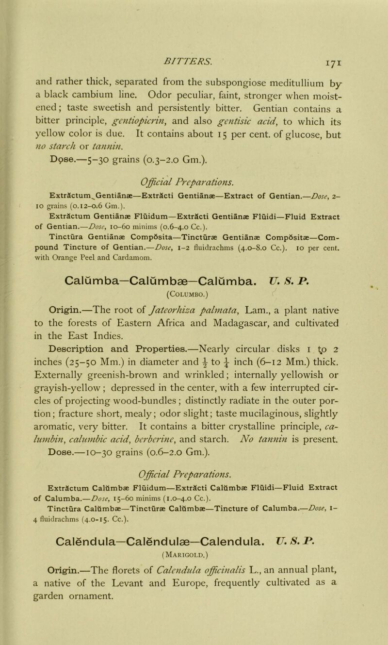 and rather thick, separated from the subspongiose meditullium by a black cambium line. Odor peculiar, faint, stronger when moist- ened; taste sweetish and persistently bitter. Gentian contains a bitter principle, gentiopicrin, and also gentisic acid, to which its yellow color is due. It contains about 15 per cent, of glucose, but no starch or tannin. Dpse.—5-30 grains (0.3-2.0 Gm.). Official Preparations. Extr&ctum^Gentian*—Extr^cti Gentian*—Extract of Gentian.—Dose, 2- 10 grains (0.12-0.6 Gm.). Extr^ctum Gentian* Fluidum—Extr^cti Gentian* Fluidi—Fluid Extract of Gentian.—Dose, 10-60 minims (o.6-4.0 Cc.). Tinctura Gentian* Comp6sita—Tinctur* Gentian* CompSsit*—Com- pound Tincture of Gentian.—Dose, 1-2 fluidrachms (4.0-8.0 Cc.). 10 per cent, with Orange Peel and Cardamom. Calumba—Calumbae—Calumba. 77. S. P. (COLUMBO.) Origin.—The root of Jateorhiza palmata, Lam., a plant native to the forests of Eastern Africa and Madagascar, and cultivated in the East Indies. Description and Properties.—Nearly circular disks 1 tp 2 inches (25-50 Mm.) in diameter and ^ to \ inch (6-12 Mm.) thick. Externally greenish-brown and wrinkled; internally yellowish or grayish-yellow ; depressed in the center, with a few interrupted cir- cles of projecting wood-bundles ; distinctly radiate in the outer por- tion; fracture short, mealy; odor slight; taste mucilaginous, slightly aromatic, very bitter. It contains a bitter crystalline principle, ca- lumbin, calumbic acid, berberine, and starch. No tannin is present. Dose.—10-30 grains (0.6-2.0 Gm.). Official Preparations. Extr^ctum Caliimb* Fluidum—Extr^cti Caliimb* Fluidi—Fluid Extract of Calumba.—Dose, 15-60 minims (1.0-4.0 Cc.). Tinctura Caliimb*—Tinctur* Caliimb*—Tincture of Calumba.—Dose, 1- 4 fluidrachms (4.0-15. Cc.). Calendula—Calendulae—Calendula. U. S. IP. (Marigold.) Origin.—The florets of Calendula officinalis L., an annual plant, a native of the Levant and Europe, frequently cultivated as a garden ornament.