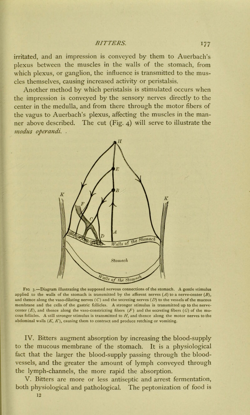 irritated, and an impression is conveyed by them to Auerbach’s plexus between the muscles in the walls of the stomach, from which plexus, or ganglion, the influence is transmitted to the mus- cles themselves, causing increased activity or peristalsis. Another method by which peristalsis is stimulated occurs when the impression is conveyed by the sensory nerves directly to the center in the medulla, and from there through the motor fibers of the vagus to Auerbach’s plexus, affecting the muscles in the man- ner above described. The cut (Fig. 4) will serve to illustrate the modus operandi. . Fig 3.—Diagram illustrating the supposed nervous connections of the stomach. A gentle stimulus applied to the walls of the stomach is transmitted by the afferent nerves (A) to a nerve-center (2?), and thence along the vaso-dilating nerves (C) and the secreting nerves (D) to the vessels of the mucous membrane and the cells of the gastric follicles. A stronger stimulus is transmitted up to the nerve- center (E), and thence along the vaso-constricting fibers (F) and the secreting fibers (G) of the mu- cous follicles. A still stronger stimulus is transmitted to H, and thence along the motor nerves to the abdominal walls (K, K), causing them to contract and produce retching or vomiting. IV. Bitters augment absorption by increasing the blood-supply to the mucous membrane of the stomach. It is a physiological fact that the larger the blood-supply passing through the blood- vessels, and the greater the amount of lymph conveyed through the lymph-channels, the more rapid the absorption. V. Bitters are more or less antiseptic and arrest fermentation, both physiological and pathological. The peptonization of food is 12