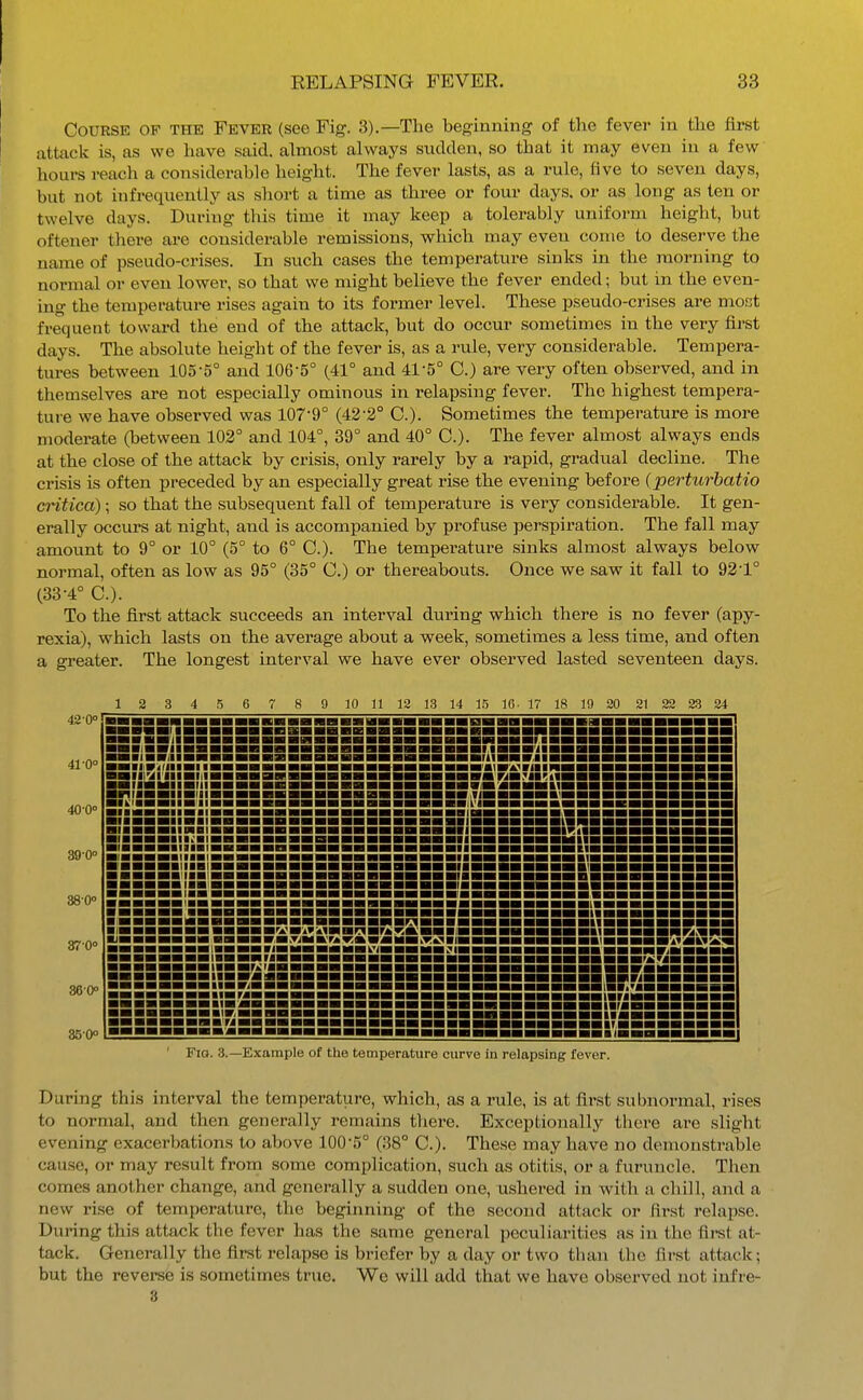 Course of the Fever (see Fig. 3).—The beginning of the fever in the first attack is, as we have said, almost always sudden, so that it may even in a few hours reach a considerable height. The fever lasts, as a rule, five to seven days, but not infrequently as sliort a time as three or four days, or as long as ten or twelve days. Duriug this time it may keep a tolerably uniform height, but oftener there are considerable remissions, which may even come to deserve the name of pseudo-crises. In such cases the temperature sinks in the morning to normal or even lower, so that we might believe the fever ended; but in the even- ing the temperature rises again to its former level. These pseudo-crises are most frequent toward the end of the attack, but do occur sometimes in the very first days. The absolute height of the fever is, as a rule, very considerable. Tempera- tures between 105-5° and 106-5° (.41° and 41-5° C.) are very often observed, and in themselves are not especially ominous in relapsing fever. The highest tempera- ture we have observed was 107-9° (42-2° C). Sometimes the temperature is more moderate (between 102° and 104°, 39° and 40° C). The fever almost always ends at the close of the attack by crisis, only rarely by a rapid, gradual decline. The crisis is often preceded by an especially great rise the evening before (perturbatio critica); so that the subsequent fall of temperature is very considerable. It gen- erally occurs at night, and is accompanied by profuse perspiration. The fall may amount to 9° or 10° (5° to 6° C). The temperature sinks almost always below normal, often as low as 95° (35° C.) or thereabouts. Once we saw it fall to 92-1° (33-4° C). To the first attack succeeds an interval during which there is no fever (apy- rexia), which lasts on the average about a week, sometimes a less time, and often a greater. The longest interval we have ever observed lasted seventeen days. 1 2 9 10 11 12 13 14 15 1 6- 17 18 19 20 21 22 23 24 42-0'' 41-O 40-0'' 39-0° 380<> 36-0° wmmx ■ III \\m ■III ■■■I ■■■■ ■■■I nil nil IIJ ■ ■III ■'ill BHIMMIIH niiBiaiiiaii Wtiatwnt* iriiiaiii^ ^IIWIII ■■■iiiii ■■■nil ■■■■■■ ■■■■II ■ ■H0II ■ ilk'BII niiiBii niiiHii niiiBii m\\*m\t ■ ■■■II ■ ■■'■IWA^VIIIII^ tmm'mmmmm M ■■■■■■■■ iMia^aBiiii ■■■■ ■■■I ■■■■■■■■■■■■■■I tmm* INIII^ ■■■!■■ ■■IBM ■■HI I ■■•■■■■■■■■■■■ir^ ■ ■v kiH ■n mfn w.mmm mm mm mm mm* I mm ,TiM BL'ra v: A «4B MBi ^.tn^ mmmm mm mmt ■ ■«MHH«MBk'«HaaMMIlWBHHHHHI ■■■■ I ■^■■■■iHB ■iiaHHii ■■■■■■M ■■«■■■ tvmvt-jim Fio. 3.—Example of the temperature curve in relapsing fever. During this interval the temperature, which, as a rule, is at first subnormal, rises to normal, and then generally remains there. Exceptionally there are slight evening exacerbations to above 100-5° (38° C). These may have no demonstrable cause, or may result from some complication, such as otitis, or a furuncle. Tlien comes another change, and generally a sudden one, ushered in with a chill, and a new rise of temperature, the beginning of the second attack or first relapse. During this attack the fever has the same general peculiarities as in the first at- tack. Generally the first relapse is briefer by a day or two than the first attack; but the reverse is sometimes true. We will add that we have observed not infre-