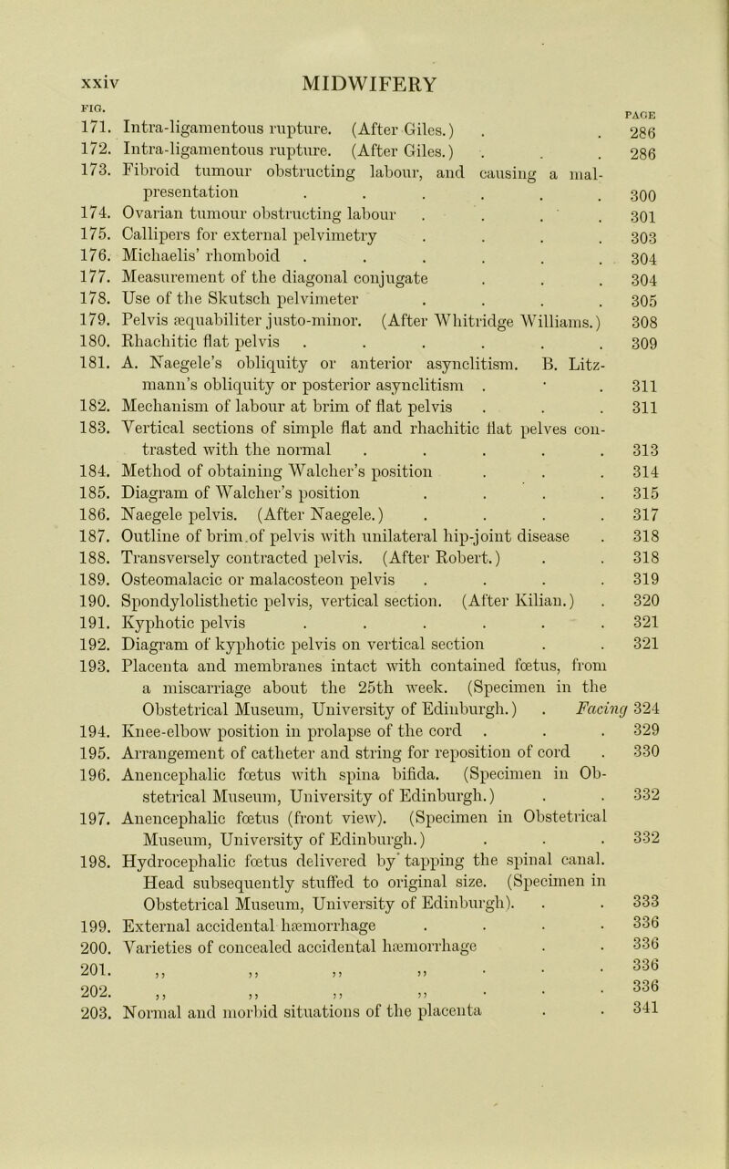 FIG. 171. 172. 173. 174. 175. 176. 177. 178. 179. 180. 181. 182. 183. 184. 185. 186. 187. 188. 189. 190. 191. 192. 193. 194. 195. 196. 197. 198. 199. 200. 201. 202. 203. PAGE 286 286 Intra-ligamentous rupture. (After Giles.) Intra-ligamentous rupture. (After Giles.) Fibroid tumour obstructing labour, and causing a mal presentation ..... Ovarian tumour obstructing labour Callipers for external pelvimetry Michaelis’ rhomboid ..... Measurement of the diagonal conjugate Use of the Skutsch pelvimeter Pelvis sequabiliter justo-minor. (After Whitridge Williams. Rhachitic flat pelvis ..... A. Naegele’s obliquity or anterior asynclitism. B. Litz mann’s obliquity or posterior asynclitism . Mechanism of labour at brim of flat pelvis Vertical sections of simple flat and rhachitic flat pelves con trasted with the normal .... Method of obtaining Watcher’s position Diagram of Watcher’s position Naegele pelvis. (After ISTaegele.) Outline of brim.of pelvis with unilateral hip-joint disease Transversely contracted pelvis. (After Robert.) Osteomalacic or malacosteon pelvis Spondylolisthetic pelvis, vertical section. (After Kilian.) Kyphotic pelvis ..... Diagram of kyphotic pelvis on vertical section Placenta and membranes intact with contained foetus, from a miscarriage about the 25th week. (Specimen in the Obstetrical Museum, University of Edinburgh.) . Facing 324 Ivnee-elbow position in prolapse of the cord . . . 329 Arrangement of catheter and string for reposition of cord . 330 Anencephalic foetus with spina bifida. (Specimen in Ob- stetrical Museum, University of Edinburgh.) Anencephalic foetus (front view). (Specimen in Obstetrical Museum, University of Edinburgh.) Hydrocephalic foetus delivered by’ tapping the spinal canal. Head subsequently stuffed to original size. (Specimen in Obstetrical Museum, University of Edinburgh). External accidental haemorrhage Varieties of concealed accidental haemorrhage 300 301 303 304 304 305 308 309 311 311 313 314 315 317 318 318 319 320 321 321 332 332 Normal and morbid situations of the placenta 333 336 336 336 336 341