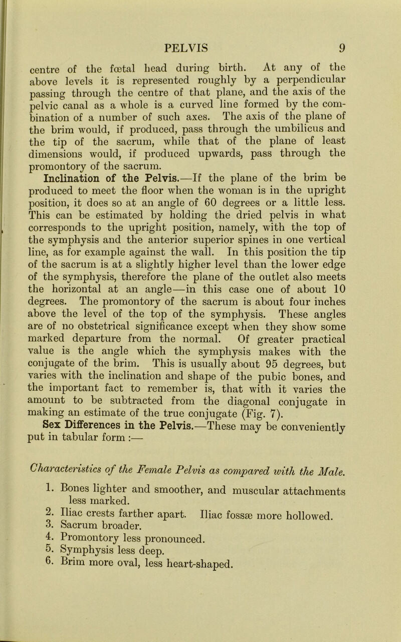 centre of the foetal head during birth. At any of the above levels it is represented roughly by a perpendicular passing through the centre of that plane, and the axis of the pelvic canal as a whole is a curved line formed by the com- bination of a number of such axes. The axis of the plane of the brim would, if produced, pass through the umbilicus and the tip of the sacrum, while that of the plane of least dimensions would, if produced upwards, pass through the promontory of the sacrum. Inclination of the Pelvis.—If the plane of the brim be produced to meet the floor when the woman is in the upright position, it does so at an angle of 60 degrees or a little less. This can be estimated by holding the dried pelvis in what corresponds to the upright position, namely, with the top of the symphysis and the anterior superior spines in one vertical line, as for example against the wall. In this position the tip of the sacrum is at a slightly higher level than the lower edge of the symphysis, therefore the plane of the outlet also meets the horizontal at an angle—in this case one of about 10 degrees. The promontory of the sacrum is about four inches above the level of the top of the symphysis. These angles are of no obstetrical significance except when they show some marked departure from the normal. Of greater practical value is the angle which the symphysis makes with the conjugate of the brim. This is usually about 95 degrees, but varies with the inclination and shape of the pubic bones, and the important fact to remember is, that with it varies the amount to be subtracted from the diagonal conjugate in making an estimate of the true conjugate (Fig. 7). Sex Differences in the Pelvis.—These may be conveniently put in tabular form :— Characteristics of the Female Pelvis as compared with the Male. 1. Bones lighter and smoother, and muscular attachments less marked. 2. Iliac crests farther apart. Iliac fossae more hollowed. 3. Sacrum broader. 4. Promontory less pronounced. 5. Symphysis less deep. 6. Brim more oval, less heart-shaped.