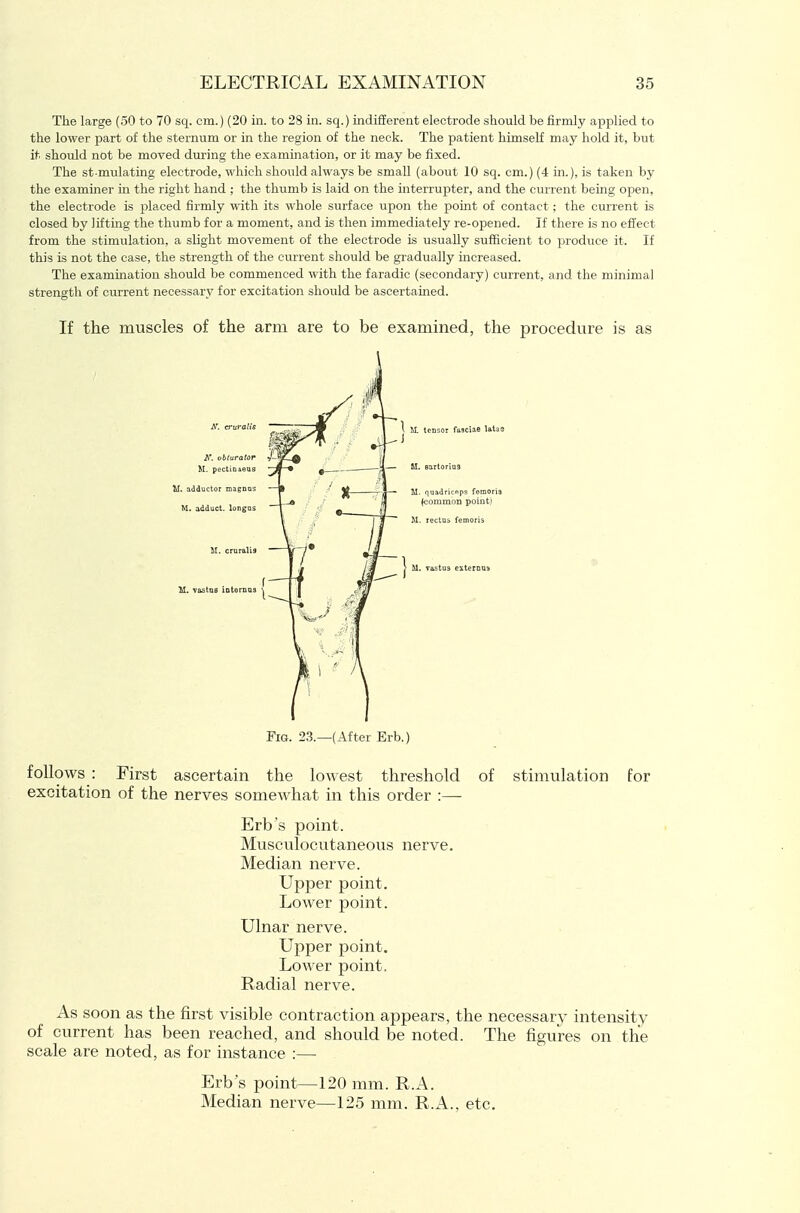 The large (50 to 70 sq. cm.) (20 in. to 28 in. sq.) iradifferent electrode should be firmly applied to the lower part of the sternum or in the region of the neck. The patient himseK may hold it, but it should not be moved during the examination, or it may be fixed. The st-mulating electrode, which should always be small (about 10 sq. cm.) (4 in.), is taken by the examhier in the right hand ; the thumb is laid on the interrupter, and the current being open, the electrode is jilaced firmly with its whole surface upon the point of contact; the current is closed by liftmg the thumb for a moment, and is then immediately re-opened. If there is no effect from the stimulation, a slight movement of the electrode is usually sufficient to produce it. If this is not the case, the strength of the current should be gradually mcreased. The examination should be commenced with the faradic (secondary) current, and the minimal strength of current necessary for excitation should be ascertained. If the muscles of the arm are to be examined, the procedure is as Fig. 23.—(After Erb.) follows : First ascertain the lowest threshold of stimulation for excitation of the nerves somewhat in this order :— Erb's point. Musculocutaneous nerve. Median nerve. Upper point. Lower point. Ulnar nerve. Upper point. Lower point. Radial nerve. As soon as the first visible contraction appears, the necessary intensity of current has been reached, and should be noted. The fi eures on the scale are noted, as for instance :— Erb's point—120 mm. R.A. Median nerve—125 mm. R.A.. etc.