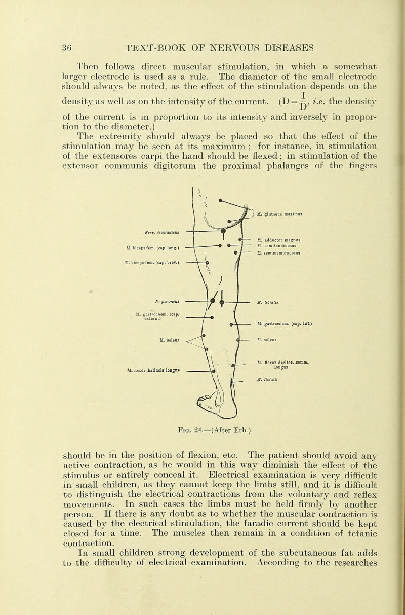 Then follows direct muscular stimulation, in which a somewhat larger electrode is used as a rule. The diameter of the small electrode should always be noted, as the effect of the stimulation depends on the density as well as on the intensity of the current. (D = g, i.e. the density of the current is in proportion to its intensity and inversely in propor- tion to the diameter.) The extremity should always be placed so that the effect of the stimulation may be seen at its maximum ; for instance, in stimulation of the extensores carpi the hand should be flexed; in stimulation of the extensor communis digitorum the proximal phalanges of the fingers Fig. 24.—(After Erb.) should be in the position of flexion, etc. The patient should avoid any active contraction, as he would in this way diminish the effect of the stimulus or entirely conceal it. Electrical examination is Yexy difficult in small children, as they cannot keep the limbs still, and it is difficult to distinguish the electrical contractions from the voluntary and reflex movements. In such cases the limbs must be held firmly by another person. If there is any doubt as to whether the muscular contraction is caused by the electrical stimulation, the faradic current should be kept closed for a time. The muscles then remain in a condition of tetanic contraction. In small children strong development of the subcutaneous fat adds to the difficulty of electrical examination. According to the researches