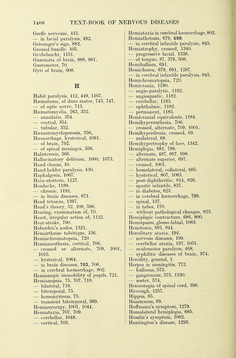 Greffe nerveuse, 415. — in facial paralysis, 492. Griesinger's sign, 882. Ground-bundle, 105. Griibelsucht, 1151. Gummata of brain, 888, 961. Gustometer, 70. Gyri of brain, 608. H Habit paralysis, 412, 449, 1167. Haematoma^ of dura mater, 743, 747. — of optic nerve, 713. Hsematomyelia, 263, 352. — annularis, 354. — central, 354. — tubular, 352. Hsematomyeloporosis, 356. Hfemorrhage, hysterical, 1091. — of brain, 792. — of spinal meninges, 356. Halisteresis, 366. Hallucinatory delirium, 1060, 1073. Hand clonus, 10. Hand-ladder paralysis, 430. Haphalgesia, 1067. Harn-stottern, 1127. Headache, 1189. — chronic, 1191. — in brain diseases, 671. Head tetanus, 1397. Head's theory, 52, 108, 596. Hearing, examination of, 70. Heart, irregular action of, 1122. Heat-stroke, 790. Heberden's nodes, 1321. Hemarthrose tabetique, 156. Hemiachromatopsia, 720. Hemiansesthesia, cortical, 706. — crossed or alternate, 709, 1001, 1015. — hysterical, 1064. — in brain diseases, 703, 706. — in cerebral haemorrhage, 802. Hemianopic immobility of pupils, 721. Hemianopsia, 75, 707, 718. — bilateral, 718. — bitemporal, 75. — homonymous, 75. — transient bitemporal, 969. Hemiasynergy, 1001, 1044. Hemiataxia, 707, 709. — cerebellar, 1048. — cortical, 703. Hemiataxia in cerebral hsemorrhage, 802. Hemiathetosis, 679, 690. — in cerebral infantile paralysis, 845. Hemiatrophy, crossed, 1340. — progressive facial, 1338. — of tongue, 87, 379, 508. Hemiballism, 691. Hemichorea, 679, 691, 1287. — in cerebral infantile paralysis, 845. Hemichromatopsia, 720. Hemicrania, 1180. — angio-paralytic, 1182. — angiospastic, 1182. — cerebellar, 1183. — ophthalmic, 1182. — permanent, 1185. Hemicranial equivalents, 1184. Hemihypersesthesia, 706. — crossed, alternate, 709, 1001. Hemihyperdrosis, crossed, 69. — unilateral, 68. Hemihypertrophy of face, 1342. Hemiplegia, 681, 798. — alternate, 487, 697, 998. — alternate superior, 697. — crossed, 1001. — homolateral, collateral, 685. — hysterical, 807, 1083. — post-diphtheritic, 814, 826. — spastic infantile, 837. — in diabetes, 823. — in cerebral hsemorrhage, 799. — spinal, 137. — in tabes, 170. — without pathological changes, 823. Hemiplegic contracture, 686, 800. Hemispasm, glosso-labial, 1083. Hemitonia, 691, 844. Hereditary ataxia, 194. — nervous diseases, 199. — cerebellar ataxia, 197, 1051. — oculomotor paralysis, 468. — syphilitic diseases of brain, 974. Heredity, general, 1. Herpes in meningitis, 772. — bullosus, 575. — gangrenous, 575, 1330. — zoster, 574. Heterotopia of spinal cord, 396. Hiccough, 1257. Hippus, 85. Hoarseness, 89. Hoffmann's symptom, 1279. Homolateral hemiplegia, 685. Hosslin's symptom, 1082. Huntington's disease, 1295.