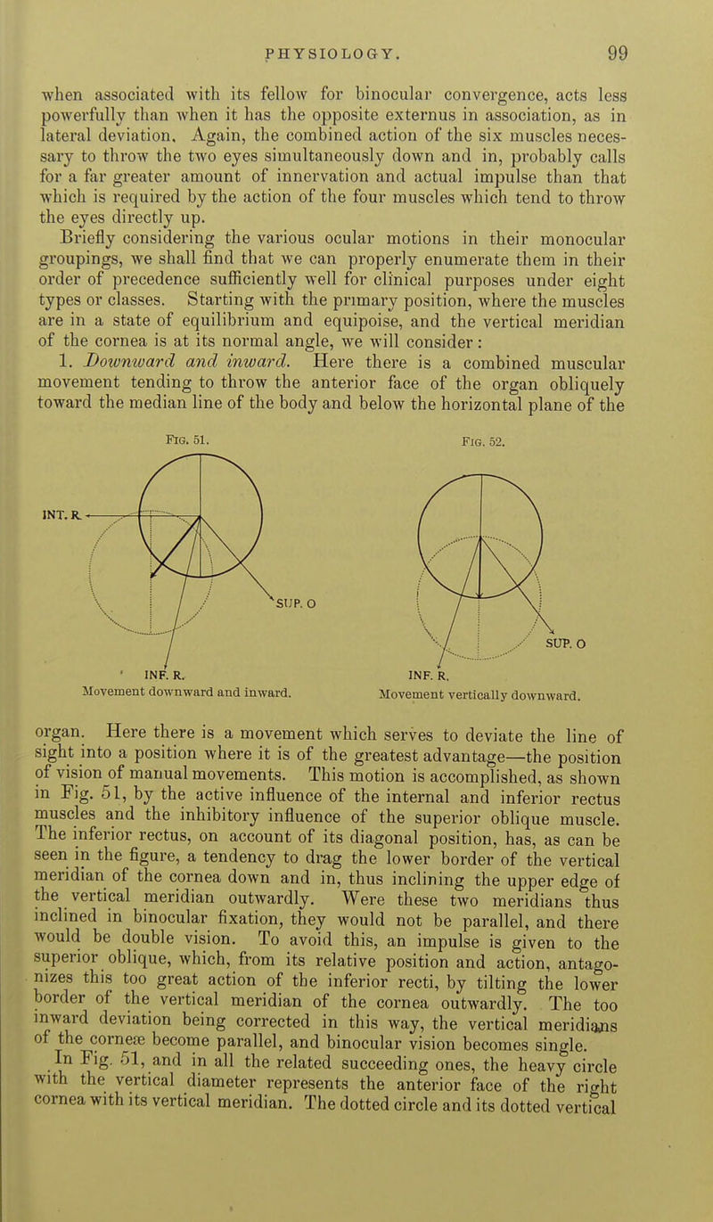 when associated with its fellow for binocular convergence, acts less powerfully than when it has the opposite externus in association, as in lateral deviation. Again, the combined action of the six muscles neces- sary to throw the two eyes simultaneously down and in, probably calls for a far greater amount of innervation and actual impulse than that which is required by the action of the four muscles which tend to throw the eyes directly up. Briefly considering the various ocular motions in their monocular groupings, we shall find that we can properly enumerate them in their order of precedence sufficiently well for clinical purposes under eight types or classes. Starting with the primary position, where the muscles are in a state of equilibrium and equipoise, and the vertical meridian of the cornea is at its normal angle, we will consider: 1. Downward and inward. Here there is a combined muscular movement tending to throw the anterior face of the organ obliquely toward the median line of the body and below the horizontal plane of the Fig. 51. Fig. 52. INT. R. INF. R. INF. R, Movement downward and inward. Movement vertically downward. organ. Here there is a movement which serves to deviate the line of sight into a position where it is of the greatest advantage—the position of vision of manual movements. This motion is accomplished, as shown in Fig. 51, by the active influence of the internal and inferior rectus muscles and the inhibitory influence of the superior oblique muscle. The inferior rectus, on account of its diagonal position, has, as can be seen in the figure, a tendency to drag the lower border of the vertical meridian of the cornea down and in, thus inclining the upper edge of the vertical meridian outwardly. Were these two meridians thus inclined in binocular fixation, they would not be parallel, and there would be double vision. To avoid this, an impulse is given to the superior oblique, which, from its relative position and action, antago- nizes this too great action of the inferior recti, by tilting the lower border of the vertical meridian of the cornea outwardly. The too inward deviation being corrected in this way, the vertical meridians of the comese become parallel, and binocular vision becomes single. In Fig. 51, and in all the related succeeding ones, the heavy circle with the vertical diameter represents the anterior face of the right cornea with its vertical meridian. The dotted circle and its dotted vertical