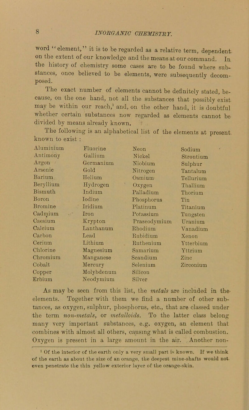 word element, it is to be regarded as a relative term, dependent on the extent of our knowledge and the means at our command. In the history of chemistry some cases are to be found where sub- stances, once believed to be elements, were subsequently decom- posed. Ihe exact number of elements cannot be definitely stated, be- cause, on the one hand, not all the substances that possibly exist may be within our reach,1 and, on the other hand, it is doubtful whether certain substances now divided by means already known. regarded as elements cannot be The following is an alphabetical list of the elements at present known to exist : Aluminium Fluorine Neon Sodium Antimony Gallium Nickel Strontium Argon Germanium Niobium Sulphur Arsenic Gold Nitrogen Tantalum Barium Helium Osmium Tellurium Beryllium Hydrogen Oxygen Thallium Bismuth Indium Palladium Thorium Boron Iodine Phosphorus Tin Bromine Iridium Platinum Titanium Cadmium Iron Potassium Tungsten Caesium Krypton Praseodymium Uranium Calcium Lanthanum Khodium Vanadium Carbon Lead Rubidium Xenon Cerium Lithium Ruthenium Ytterbium Chlorine Magnesium Samarium Yttrium Chromium Manganese Scandium Zinc Cobalt Copper Erbium Mercury Molybdenum Neodymium Selenium Silicon Silver Zirconium As may be seen from this list, the metals are included in the elements. Together with them we find a number of other sub- tances, as oxygen, sulphur, phosphorus, etc., that are classed under the term non-metals, or metalloids. To the latter class belong many very important substances, e.g. oxygen, an element that combines with almost all others, causing what is called combustion. Oxygen is present in a large amount in the air. Another non- 1 Of the interior of the earth only a very small part is known. If we think of the earth as about the size of an orange, the deepest mine-shafts would not even penetrate the thin yellow exterior layer of the orange-skin.