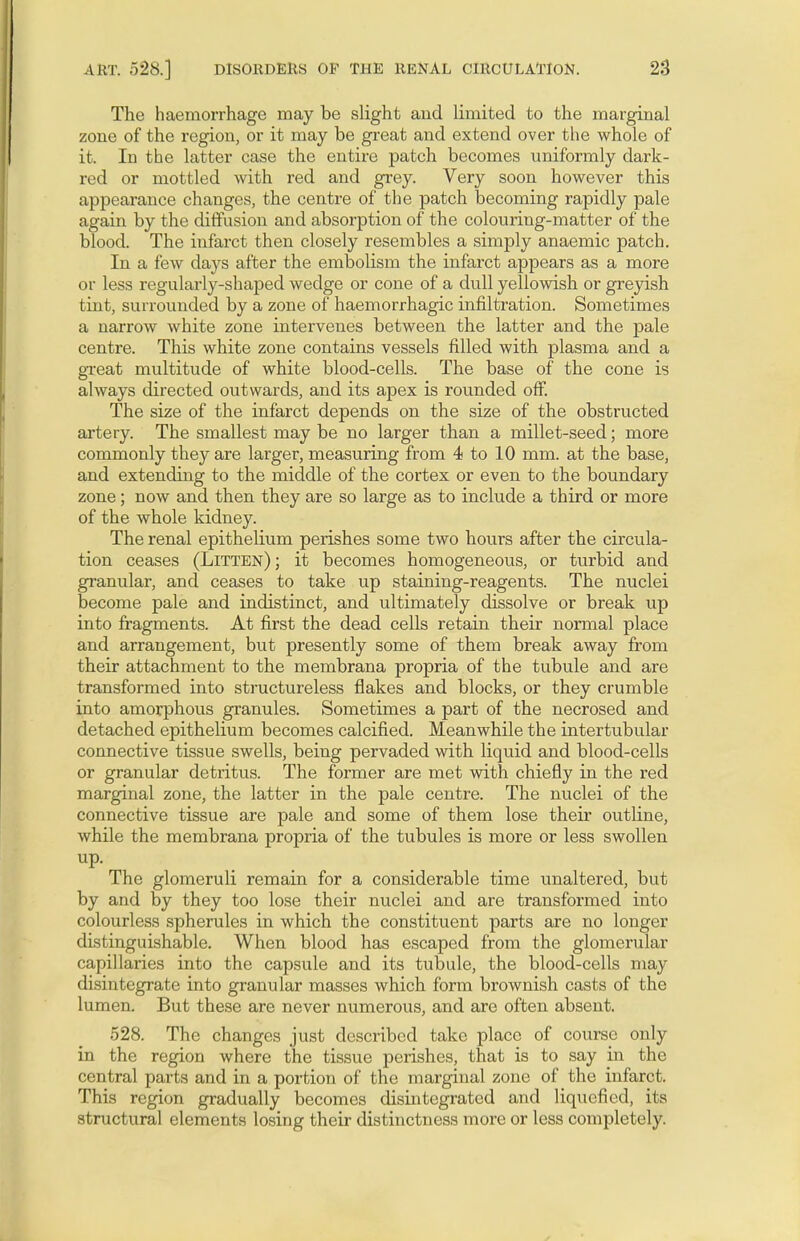 The haemorrhage may be slight and limited to the marginal zone of the region, or it may be great and extend over the whole of it. In the latter case the entire patch becomes uniformly dark- red or mottled with red and grey. Very soon however this appearance changes, the centre of the patch becoming rapidly pale again by the diffusion and absorption of the colouring-matter of the blood. The infarct then closely resembles a simply anaemic patch. In a few days after the embolism the infarct appears as a more or less regularly-shaped wedge or cone of a dull yellowish or greyish tint, surrounded by a zone of haemorrhagic infiltration. Sometimes a narrow white zone intervenes between the latter and the pale centre. This white zone contains vessels filled with plasma and a great multitude of white blood-cells. The base of the cone is always directed outwards, and its apex is rounded off. The size of the infarct depends on the size of the obstructed artery. The smallest may be no larger than a millet-seed; more commonly they are larger, measuring from 4 to 10 mm. at the base, and extending to the middle of the cortex or even to the boundary zone; now and then they are so large as to include a third or more of the whole kidney. The renal epithelium perishes some two hours after the circula- tion ceases (Litten); it becomes homogeneous, or turbid and granular, and ceases to take up staining-reagents. The nuclei become pale and indistinct, and ultimately dissolve or break up into fragments. At first the dead cells retain their normal place and arrangement, but presently some of them break away from their attachment to the membrana propria of the tubule and are transformed into structureless flakes and blocks, or they crumble into amorphous granules. Sometimes a part of the necrosed and detached epithelium becomes calcified. Meanwhile the intertubular connective tissue swells, being pervaded with liquid and blood-cells or granular detritus. The former are met with chiefly in the red marginal zone, the latter in the pale centre. The nuclei of the connective tissue are pale and some of them lose their outline, while the membrana propria of the tubules is more or less swollen The glomeruli remain for a considerable time unaltered, but by and by they too lose their nuclei and are transformed into colourless spherules in which the constituent parts are no longer distinguishable. When blood has escaped from the glomerular capillaries into the capsule and its tubule, the blood-cells may disintegrate into granular masses which form brownish casts of the lumen. But these are never numerous, and are often absent. 528. The changes just described take place of course only in the region where the tissue perishes, that is to say in the central parts and in a portion of the marginal zone of the infarct. This region gradually becomes disintegrated and liquefied, its structural elements losing their distinctness more or less completely.