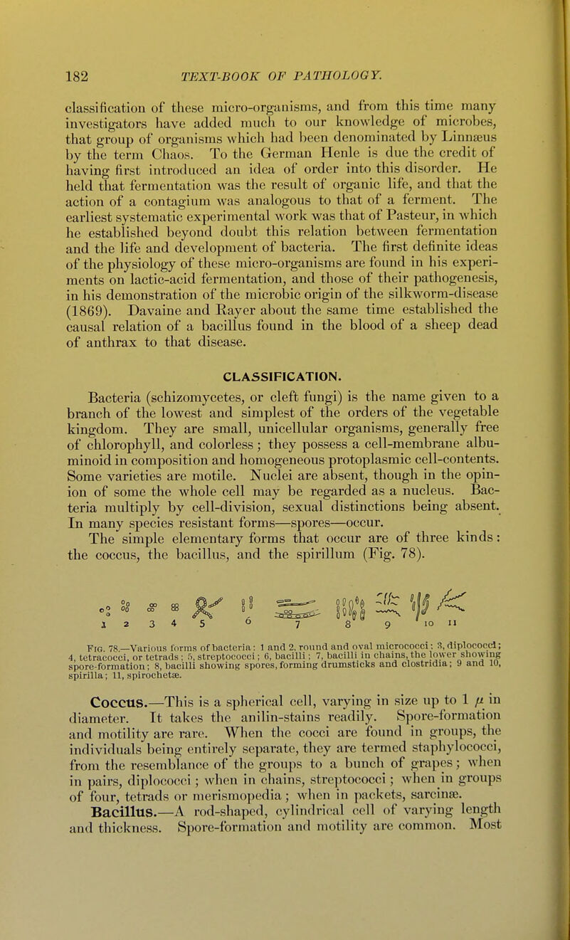classification of these micro-organisms, and from this time many investigators have added much to our knowledge of microbes, that group of organisms which had been denominated by Ijinnseus by the term Chaos. To the German Henle is due the credit of having first introduced an idea of order into this disorder. He held that fermentation was the result of organic life, and that the action of a contagium was analogous to that of a ferment. The earliest systematic experimental work was that of Pasteur, in which he established beyond doubt this relation between fermentation and the life and development of bacteria. The first definite ideas of the physiology of these micro-organisms are found in his experi- ments on lactic-acid fermentation, and those of their pathogenesis, in his demonstration of the microbic origin of the silkworm-disease (1869). Davaine and Rayer about the same time established the causal relation of a bacillus found in the blood of a sheep dead of anthrax to that disease. CLASSIFICATION. Bacteria (schizomycetes, or cleft fungi) is the name given to a branch of the lowest and simplest of the orders of the vegetable kingdom. They are small, unicellular organisms, generally free of chlorophyll, and colorless; they possess a cell-membrane albu- minoid in composition and homogeneous protoplasmic cell-contents. Some varieties are motile. Nuclei are absent, though in the opin- ion of some the whole cell may be regarded as a nucleus. Bac- teria multiply by cell-division, sexual distinctions being absent. In many species resistant forms—spores—occur. The simple elementary forms that occur are of three kinds: the coccus, the bacillus, and the spirillum (Fig. 78). 12345 6 7 3 g'lou Fig 78—Various forms of bacteria: 1 and 2. round and oval micrococci: 3, diplococd; 4, tetracocci, or tetrads; 5, streptococci; 6, bacilli; 7, bacilli in chains, the lower showing spore-formation; 8, bacilli showing spores, forming drumsticks and Clostridia; 9 ana 10, spiriUa; 11, spirochetae. Coccus.—This is a spherical cell, varying in size up to 1 ft in diameter. It takes the anilin-stains readily. Spore-formation and motility are rare. When the cocci are found in groups, the individuals being entirely separate, they are termed staphylococci, from the resemblance of the groups to a bunch of grapes; when in pairs, diplococci; when in chains, streptococci; when in groups of four, tetrads or merismopedia; when in packets, sarcinse. Bacillus.—A rod-shaped, cylindrical cell of varying length and thickness. Spore-formation and motility are common. Most