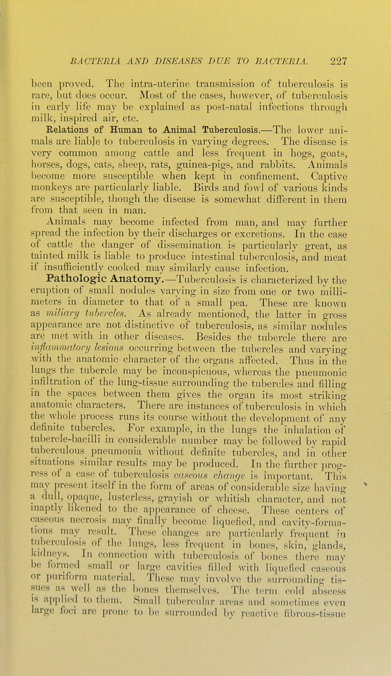 been pi'oved. The intra-nterine transmission of tuberculosis is rare, but does occur. Most of the cases, however, of tuberculosis in early life may be explained as post-natal infections through milk, inspired air, etc. Relations of Human to Animal Tuberculosis.—The lower ani- mals are liable to tuberculosis in varying degrees. The disease is very common among cattle and less frequent in hogs, goats, horses, dogs, cats, sheep, rats, guinea-pigs, and rabbits. Animals become more susceptible when kept in confinement. Captive monkeys are particularly liable. Birds and fowl of various kinds are susceptible, though the disease is somewhat different in them from that seen in man. Animals may become infected from man, and may further spread the infection by their discharges or excretions. lii the case of cattle the danger of dissemination is particularly great, as tainted milk is liable to produce intestinal tuberculosis, and meat if insufficiently cooked may similarly cause infection. Pathologic Anatomy.—Tuberculosis is characterized by the eruption of small nodules varying in size from one or two milli- meters in diameter to that oif a small pea. These are known as miliary tubercles. As already mentioned, the latter in gross appearance are not distinctive of tuberculosis, as similar nodules are met with in other diseases. Besides the tubercle there are inflammatory lesions occurring between the tubercles and varying with the anatomic character of the organs affected. Thus in the lungs the tubercle may be inconspicuous, whereas the pneumonic infiltration of the lung-tissue surrounding the tubercles and filling in the spaces between them gives the organ its most striking anatomic characters. There are instances of tuberculosis in Avhich the wliole process runs its course without the development of any definite tubercles. For example, in the lungs the inhalation of tubercle-bacilli in considerable number may be followed by rapid tuberculous_ pneumonia without definite tubercles, and in other situations similar results may be produced. In the further ]-»rog- ress of a case of tuberculosis caseous change is important. Tliis may present itself in the form of areas of considerable size having * a dull, o])aque, lusterlcss, grayish or whitish character, and not maptly likened to the appearance of cheese. These centers of caseous necrosis may finally become liquefied, and cavity-forma- tions may result. These changes are particularly frequent m tuberculosis of the lungs, less frequent in l)ones, skin, glands, kidneys. In connection with tuberculosis of bones there may be formed small or large cavities filled with liquefied caseous or puriform material. Tliese may involve the surrounding tis- sues as well as the bones tliemselves. The term ctohl abscess IS applied to them. Small tubercular areas and sometimes even large foci are prone to b(! surrounded by reactive fibrous-tissue