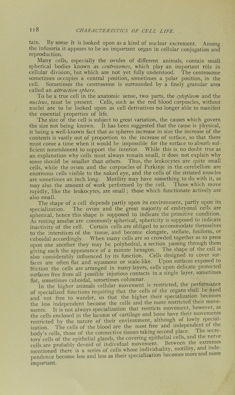 tain. By some it is looked upon as a kind of nuclear excrement. Among the infusoria it appears to be an important organ in cellular conjugation and reproduction. Many cells, especially the ovules of different animals, contain small spherical bodies known as centrosonies, which play an important role in cellular division, but which are not yet fully understood. The centrosome sometimes occupies a central position, sometimes a polar position, in the cell. Sometimes the centrosome is surrounded by a finely granular area called an attraction sphere. To be a true cell in the anatomic sense, two parts, the cytoplasjn and the nucleus, must be present. Cells, such as the red blood corpuscles, without nuclei are to be looked upon as cell derivatives no longer able to manifest the essential properties of life. The size of the cell is subject to great variation, the causes which govern the size not being known. It has been suggested that the cause is physical, it being a well-known fact that as spheres increase in size the increase of the contents is vastly out of proportion to the increase of surface, so that there must come a time when it would be impossible for the surface to absorb suf- ficient nourishment to support the interior. While this is no doubt true as an explanation why cells must always remain small, it does not explain why some should be smaller than others. Thus, the leukocytes are quite small cells, while the ovum and the corpuscles of Purkinje in the cerebellum are enormous cells visible to the naked eye, and the cells of the striated muscles are sometimes an inch long. Motility may have something to do with it, as may also the amount of work performed by the cell. Those which move rapidly, like the leukocytes, are small; those which functionate actively are also small. The shape of a cell depends partly upon its environment, partly upon its specialization. The ovum and the great majority of embryonal cells are spherical, hence this shape is supposed to indicate the primitive condition. As resting amebae are commonly spherical, sphericity is supposed to indicate inactivity of the cell. Certain cells are obliged to accommodate themselves to the interstices of the tissue, and become elongate, stellate, fusiform, or cuboidal accordingly. When many cells are so crowded together as to press upon one another they may be polyhedral, a section passing through them giving each the appearance of a minute hexagon. 1 he shape of the cell is also considerably influenced by its function. Cells designed to cover sur- faces are often flat and squamous or scale-like. Upon surfaces exposed to friction the cells are arranged in many layers, cells upon delicate protected surfaces free from all possible injurious contacts in a single layer, sometimes flat, sometimes cuboidal, sometimes columnar. In the higher animals cellular movement is restricted, the performance of specialized functions requiring that the cells of the organs shall be fixed and not free to wander, so that the higher their specialization becomes the less independent become the cells and the more restricted their mo\e- ments. It is not always specialization that restricts movement, however, as the cells enclosed in the lacunae of cartilage and bone have their movements restricted by the nature of their environment, although of lowly special- ization. The cells of the blood are the most free and independent of the body’s cells, those of the connective tissues taking second place. I he sec re- tory cells of the epithelial glands, the covering epithelial cells, and the nerve cells are probably devoid of individual movement. Between the extremes mentioned there is a series of cells whose individuality, motility, anc nice pendence become less and less as their specialization becomes more and more important.