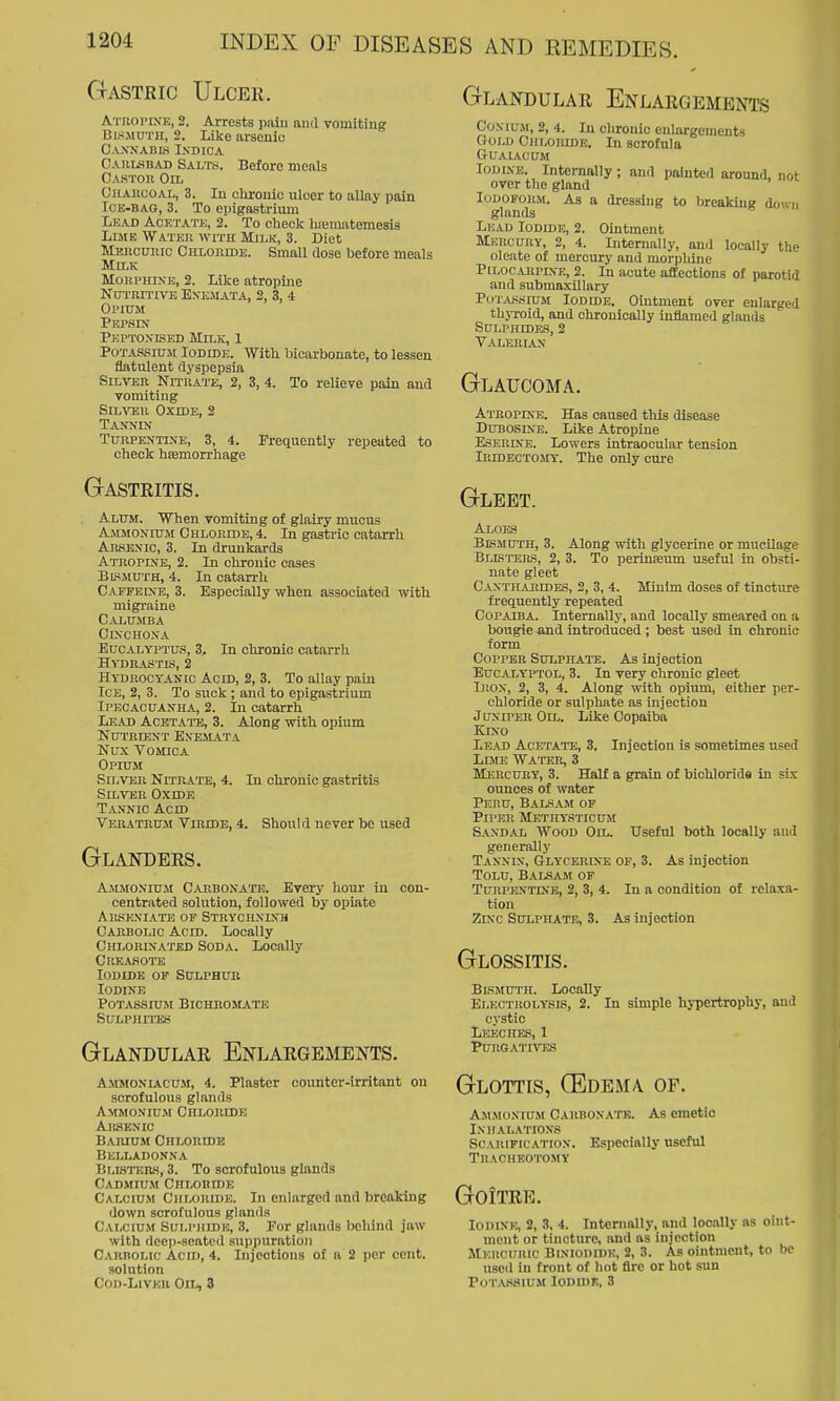 Gastric Ulcek. Atroi'INK, 2. Arrests palii (iiid vomiting Bismuth, 2. ILike araenio Ca.vn'ams Indica Carlsbad Salts. Before meals CASTon Oil CuAituOAL, 3. lu chrome uleer to allay pain ICE-BAO, 3. To epigastrium Lkad Acetate, 2. To check luBmatemesis LiMK Watkk with Milk, 3. Diet MmicuiHc Chloride. Small dose before meals Milk Moiti'HixE, 2. Like atropine NorniTiVB Enemata, 2, 3, 4 OriUM Pep.six PEPTOXISED MttK, 1 P0T.wsit7it Iodide. With bicarbonate, to lessen fliitiilent dyspepsia Silver Nmuate, 2, 3, 4. To relieve pain and vomiting SiLTOu Oxide, 2 Tannin Turpentine, 3, 4. Frequently repeated to check haemorrhage Gastritis. Alum. When vomiting of glairy mucus AiMMONitTM Chlobide, 4. In gastric catarrh Arsenic, 3. In drunkards Atropine, 2. In chronic cases Bk-MUTH, 4. In catarrh Caffeke, 3. Especially when associated with migraine Calumba CiN-CHONA Eucalyptus, 3. In chronio catarrh Hydrastis, 2 Hydrocyanic Acu), 2, 3. To allay pain Ice, 2, 3. To suck ; and to epigastrium Ipecacuanha, 2. In catarrh Lead Acetato, 3. Along with opium Nutrient Bnemata Nux Vomica Opium SttVER NrrRATB, 4. In chronic gastritis Silver Oxide Tannic Acid Veratrum Viride, 4. Should never be used Glanders. Ajuionium Cat.bonate. Every liour in con- centrated solution, followed by opiate Arskxiatb of Strychninh Carbolic Acid. Locally Chlorinated Soda. Locally Creasotk Iodide of Sulphur Iodine potassiu.m blchbomatb Sulphitus Glandular Enlargements. Ammonucum, 4. Plaster counter-irritant on scrofulous glands Ammonium Ciiloiude Arsenic Barium Chlomde Belladonna Blistehs, 3. To scrofulous glands Cadmium Chloride Calcium Chlotiidk. In enlarged and breaking down scrofulous glands Calcium Sulphidk, 3. For glands behind jaw with deep-seated suppuration Carbolic Acm, 4. Injections of a 2 per cent. solution CoD-LiVER Oil, 3 Glandular Enlargements CoxiUM, 2, 4. In chronic enlargements Ooijj Chloride. In scrofula Guaiacltm loDLVE. Internally; and painted around, not over the gland Iouofokm. As a dressing to breaking down glands LuAD Iodide, 2. Ointment Mercury, 2, 4. Internally, and locally the oleate of mercury and morphine PiLoCAiiPLNE, 2. In acute aSections of parotid and submaxillary PiJTASsruM Iodide. Ointment over enlarged thjToid, and chronically inflamed glands Sulphides, 2 Valerlvn Glaucoma. Atropine. Has caused this disease DuBosiNE. Like Atropine Eserine. Lowers intraocular tension IBIDBCTOMY. The Only cure Gleet. Aloes Bismuth, 3. Along with glycerine or mucilage Blisters, 2, 3. To periufeum useful in obsti- nate gleet Canthabedes, 2, 3, 4. Minim doses of tincture fi-equently repeated Copaiba. Internally, and locally smeared on a bougie and introduced ; best used in chronic form Copper Sulphate. As injection EucALYPTOL, 3. In very chronic gleet Iiiox, 2, 3, 4. Along with opium, either per- ehloride or sulphate as injection Juniper Oil. Like Copaiba Kixo Lead Acetate, 3. Injection is sometimes used LntE Water, 3 Mercury, 3. Half a grain of bichlorids in six ounces of water Peru, Balsam of Pn'BR Mbthysticum Saxdal Wood Oil. Useful both locally and generally Taxxin, Glycerixt: of, 3. As injection ToLU, Balsam of Turpentine, 2, 3, 4. In a condition of relaxa- tion Zinc Sulphate, 3. As injection Glossitis. Bismuth. Locally Electrolysis, 2. In simple hypertrophy, and cystic IjlECHES, 1 Purgatives Glottis, CEdema of. Ammonium Carbonatk. As emetic Inhalations Scarification. Especially useful Tracheotomy Goitre. Iodine, 2, 3, 4. Internall.v, and locally ns oint- ment or tincture, and as injection Mkuouuic Biniodidk, 2, 3. As ointment, to be used in front of hot fire or hot sun PoTA.'iSIUM loniDK, 3