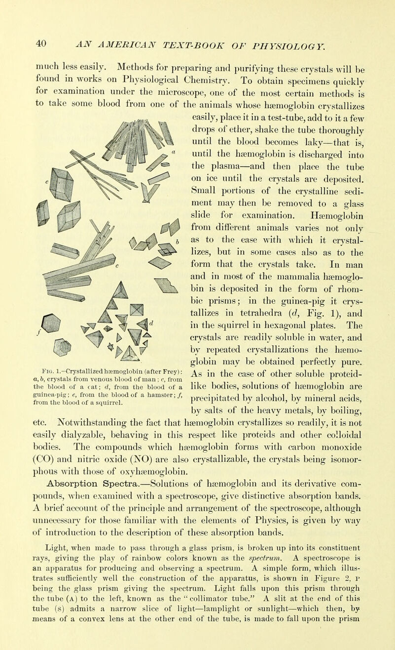 much less easily. Methods for preparing and purifying these crystals will be found in works on Physiological Chemistry. To obtain specimens quickly for examination under the microscope, one of the most certain methods is to take some blood from one of the animals whose haemoglobin crystallizes easily, place it in a test-tube, add to it a few drops of ether, shake the tube thoroughly until the blood becomes laky—that is, until the haemoglobin is discharged into the plasma—and then place the tube on ice until the crystals are deposited. Small portions of the crystalline sedi- ment may then be removed to a glass slide for examination. Hsemofflobin from different animals varies not only as to the ease with which it crystal- lizes, but in some cases also as to the form that the crystals take. In man and in most of the mammalia haemoglo- bin is deposited in the form of rhom- bic prisms; in the guinea-pig it crys- tallizes in tetrahedra {d, Fig. 1), and in the squirrel iu hexagonal plates. The crystals are readily soluble in water, and by repeated crystallizations the hasrao- globiu may be obtained perfectly pure. As in the case of other soluble proteid- like bodies, solutions of haemoglobin are precipitated by alcohol, by mineral acids, by salts of the heavy metals, by boiling, etc. Notwithstanding the fact that haemoglobin crystallizes so readily, it is not easily dialyzable, behaving in this respect like proteids and other colloidal bodies. The compounds which haemoglobin forms with carbon monoxide (CO) and nitric oxide (NO) are also crystallizable, the crystals being isomor- phous with those of oxyhaemoglobin. Absorption Spectra.—Solutions of haemoglobin and its derivative com- pounds, when examined with a spectroscope, give distinctive absorption bands. A brief account of the principle and arrangement of the spectroscope, although unnecessary for those familiar with the elements of Physics, is given by way of introduction to the description of these absorption bands. Light, when made to pass through a glass prism, is broken up into its constituent rays, giving the play of rainbow colors known as the spectrum. A spectroscope is an apparatus for producing and observing a spectrum. A simple form, which illus- trates sufficiently well the construction of the apijaratus, is shown in Figure 2, i* being the glass prism giving the spectrum. Light falls upon this prism through the tube (a) to the left, known as the collimator tube. A slit at the end of this tube (s) admits a narrow slice of light—lamplight or sunlight—-which then, by means of a convex lens at the other end of the tube, is made to fall upon the prism Fig. 1.—Crystallized hsemoglobin (after Frey): a, 6, crystals from venous blood of man; c, from the blood of a cat; d, from the blood of a guinea-pig; e, from the blood of a hamster; /, from the blood of a squirrel.