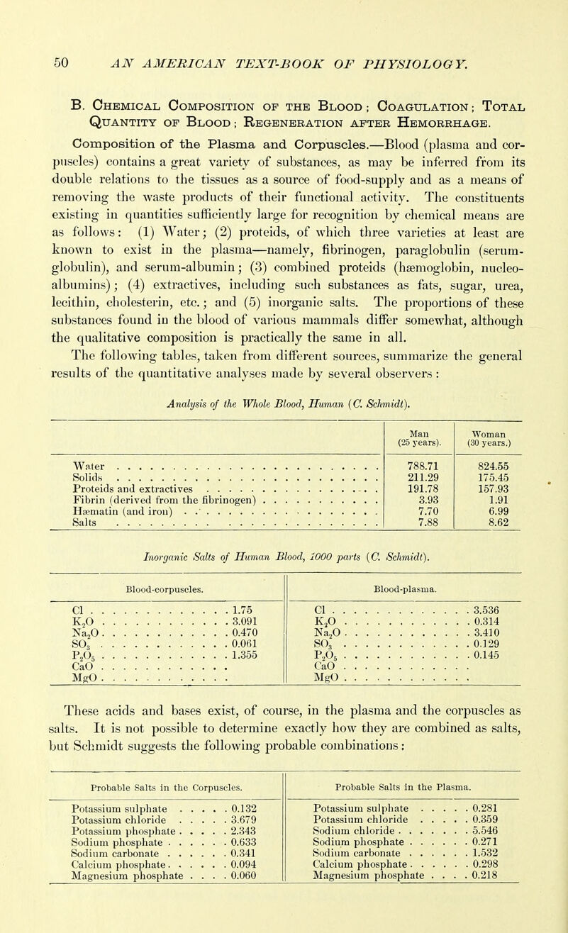 B. Chemical Composition of the Blood ; Coagulation; Total Quantity of Blood ; Regeneration after Hemorrhage. Composition of the Plasma and Corpuscles.—Blood (plasma and cor- puscles) contains a great variety of substances, as may be inferred from its double relations to the tissues as a source of food-supply and as a means of removing the waste products of their functional activity. The constituents existing in quantities sufficiently large for recognition by chemical means are as follows: (1) Water; (2) proteids, of which three varieties at least are known to exist in the plasma—namely, fibrinogen, pai-aglobulin (serum- globulin), and serum-albumin; (3) combined proteids (haemoglobin, nucleo- albumins); (4) extractives, including such substances as fats, sugar, urea, lecithin, cholesterin, etc.; and (5) inorganic salts. The proportions of these substances found in the blood of various mammals diifer somewhat, although the qualitative composition is practically the same in all. The following tables, taken from diff*erent sources, summarize the general results of the quantitative analyses made by several observers : Analysis of the Whole Blood, Human (C. Schmidt). Man Woman (25 years). (30 years.) 788.71 824.55 Solids 211.29 175.45 191.78 157.93 3.93 1.91 7.70 6.99 7.88 8.62 Inorganic Salts of Human Blood, 1000 parts [C. Schmidt), Blood-corpuscles. Blood-plasma. CI . . . 1 75 CI . . . , . 3 536 KjO . . 3 091 K20 . . ,0 314 Na^O . 0 470 Na^O . . . 3 410 SO, , 0 061 SO, . . . . 0.129 P2O5 • . 1 355 P2O5 . . , . 0 145 CaO , CaO MgO . MgO . . These acids and bases exist, of course, in the plasma and the corpuscles as salts. It is not po.ssible to determine exactly how they ai'e combined as salts, but Schmidt suggests the following probable combinations: Probable Salts in the Corpuscles. Probable Salts in the Plasma. . . 0.132 0 281 . . 3.679 . . 2.343 5 546 . . 0.633 0 271 . . 0.341 1 532 . . 0.094 0 298 . . 0.060 0.218
